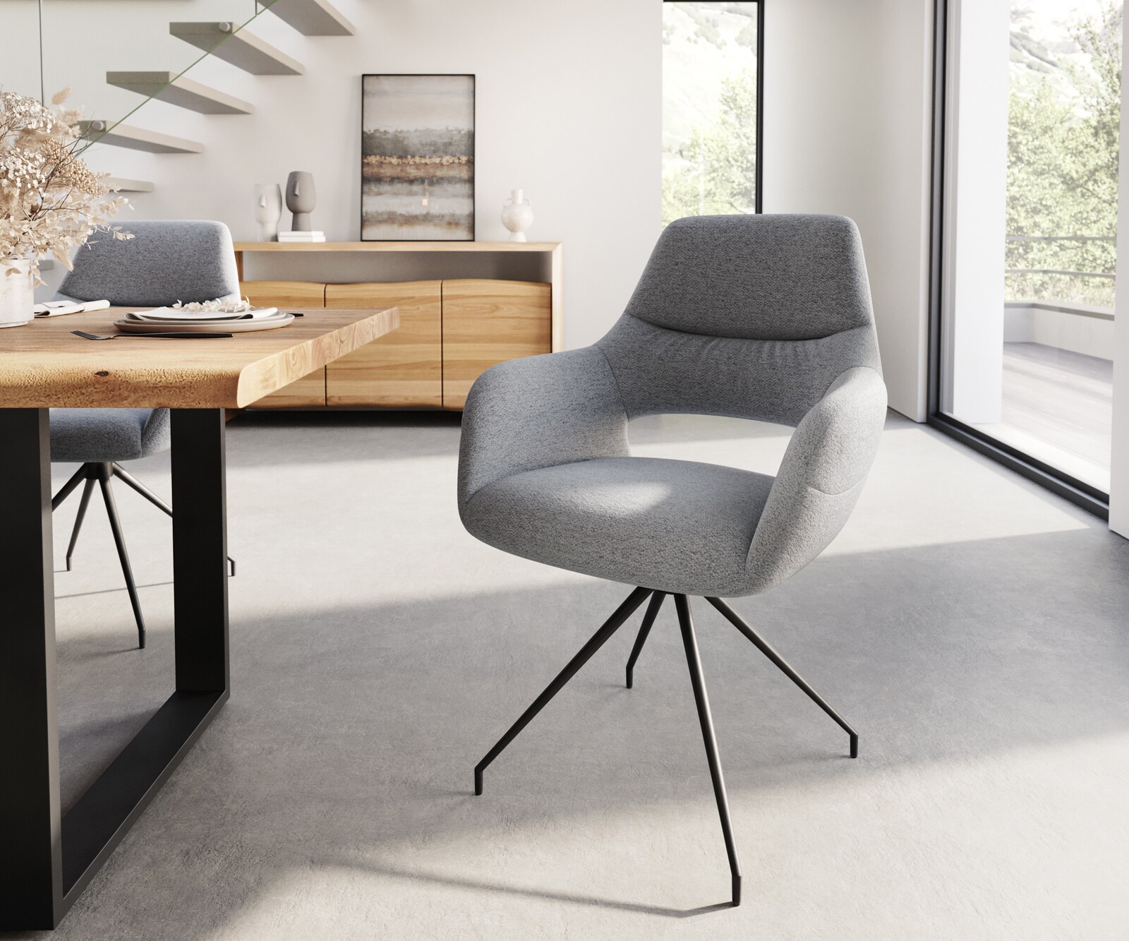 Chaise-de-salle-à-manger Yago-Flex avec accoudoirs tissu texturé gris clair pied croisé conique noir ressorts ensachés