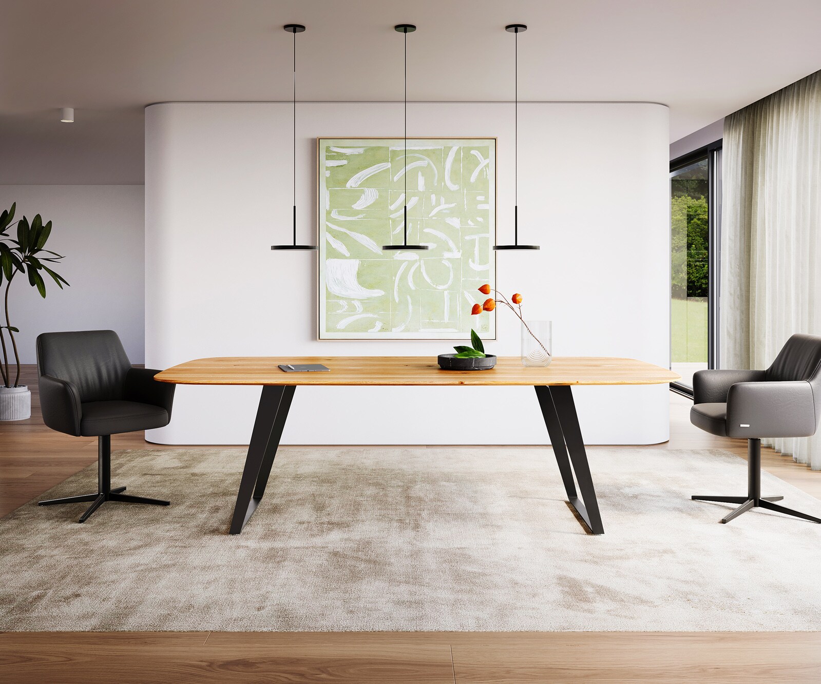 Table à manger Edge Boot 240x120x2,5-3 chêne naturee métal incliné noir bord suisse 1