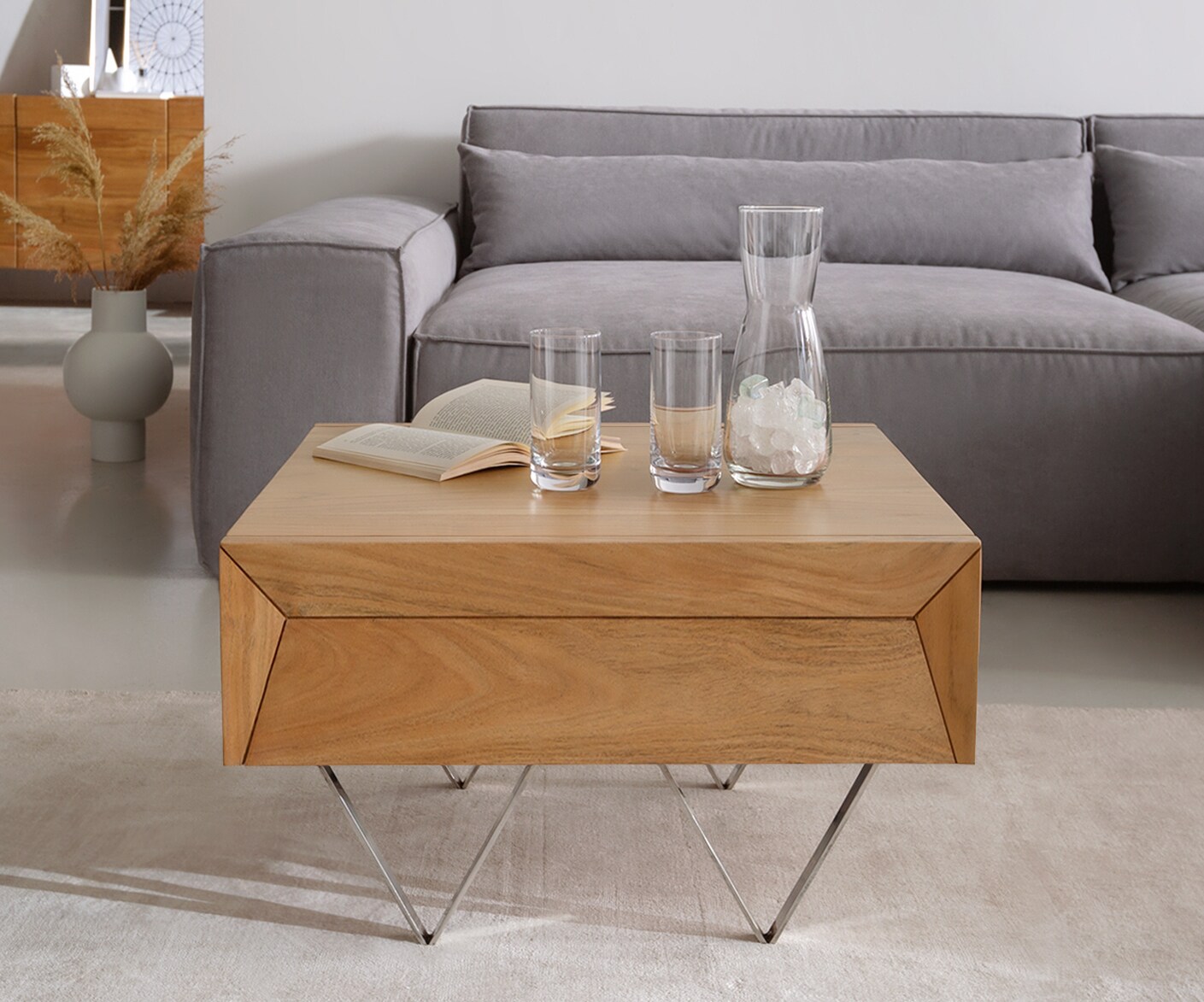 Table-basse Kayu 60x60 cm acacia naturel 2 tiroirs pied en V 1