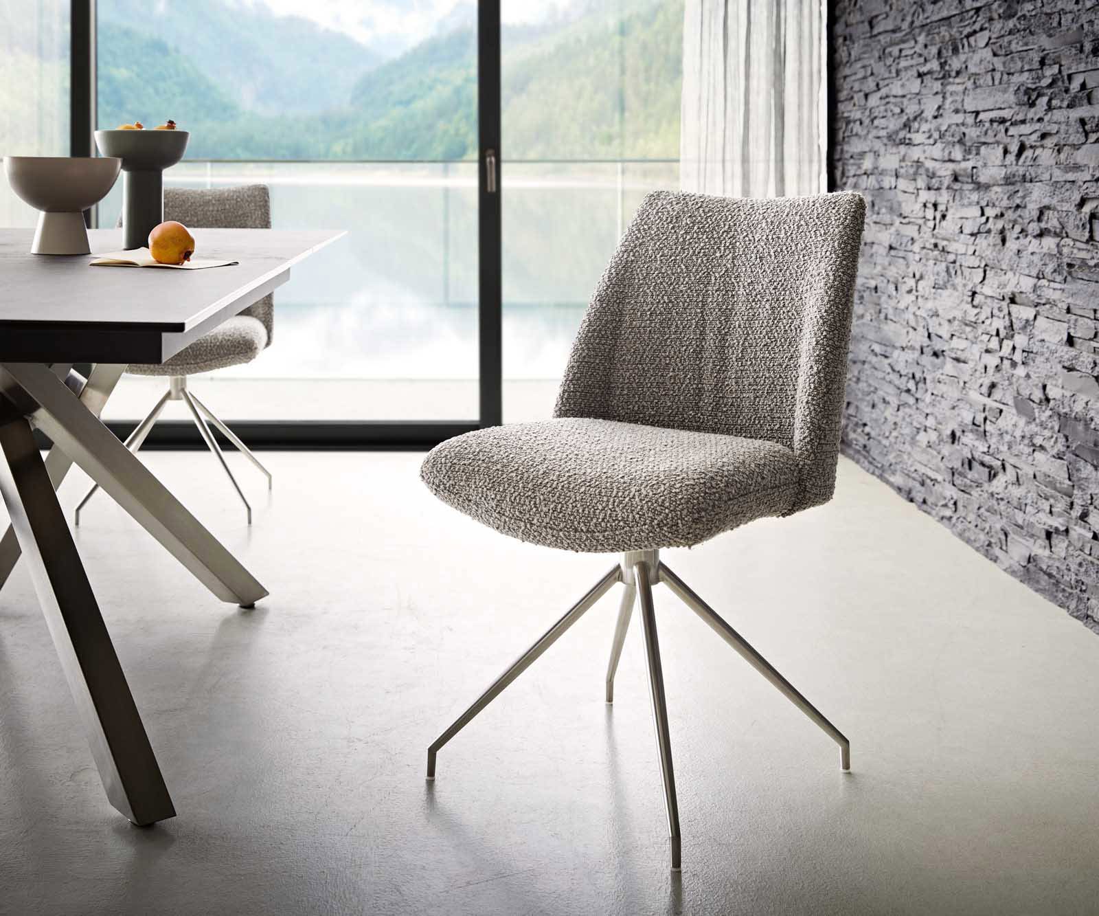 Chaise-pivotante Elso-Flex bouclé gris argenté pied croisé conique acier inoxydable brossé pivotement sur 180° ressorts ensachés