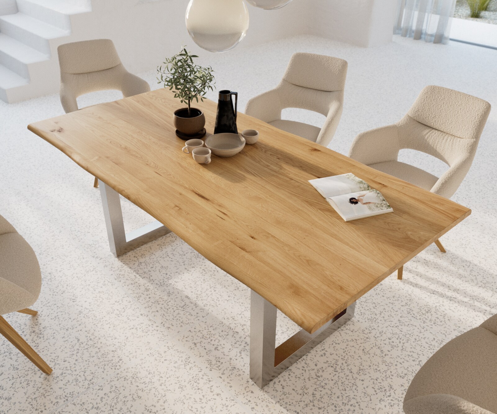 Table-à-manger Edge 200x100x2,5-3 chêne nature acier inoxydable large Live-Edge 3