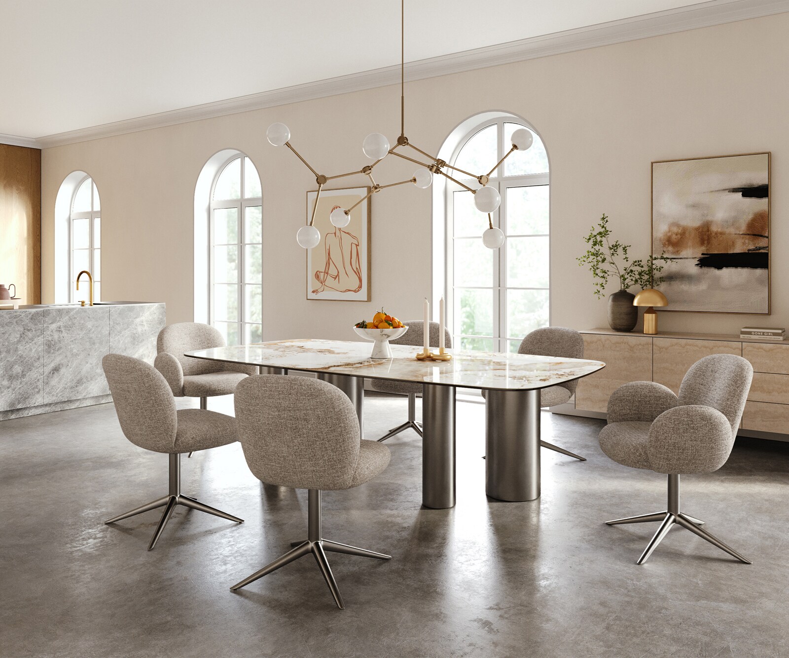 Table à manger Edge Boot 240x120 cm Céramique Minas Melange Blanc-Beige Pilier Acier inoxydable Graphite 6