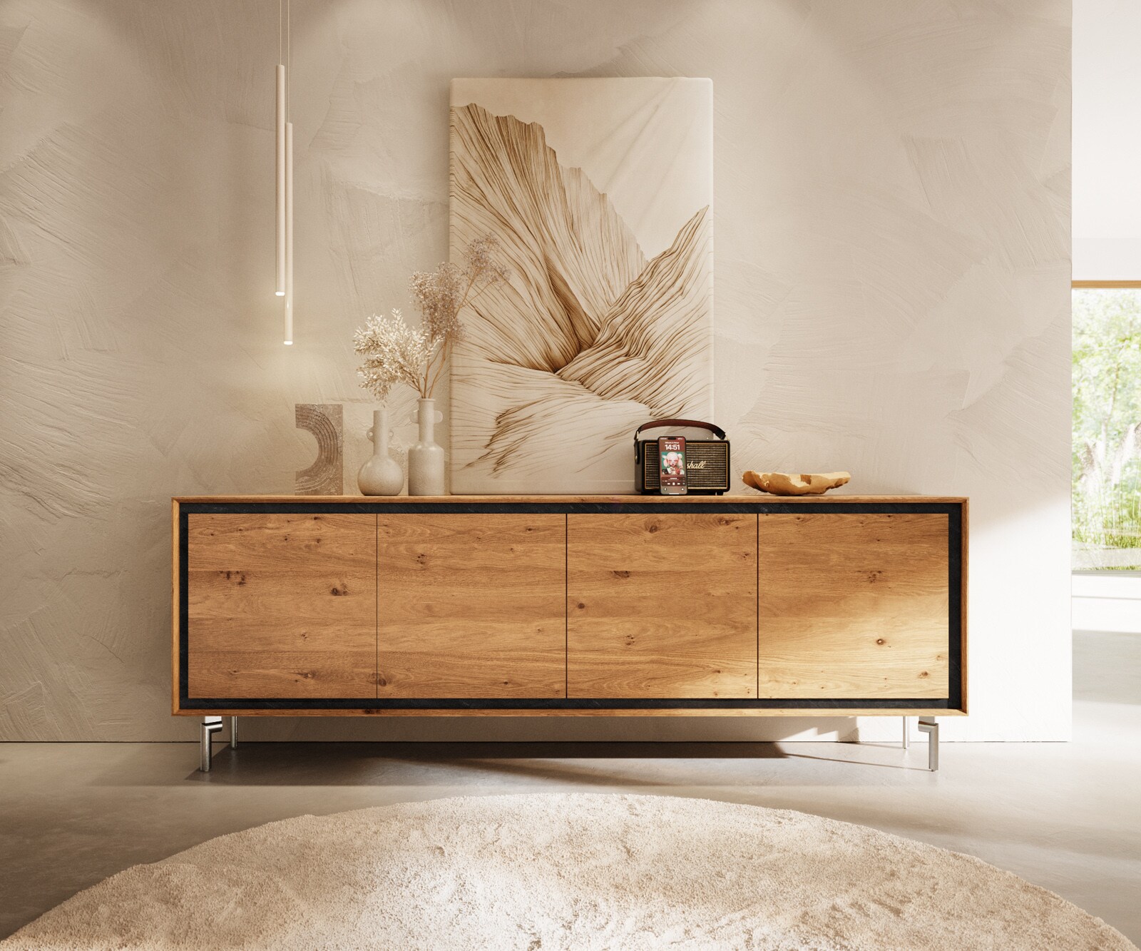 Buffet Stonegrace 200 cm chêne naturel 4 portes pied ovale inoxydable brossé 2