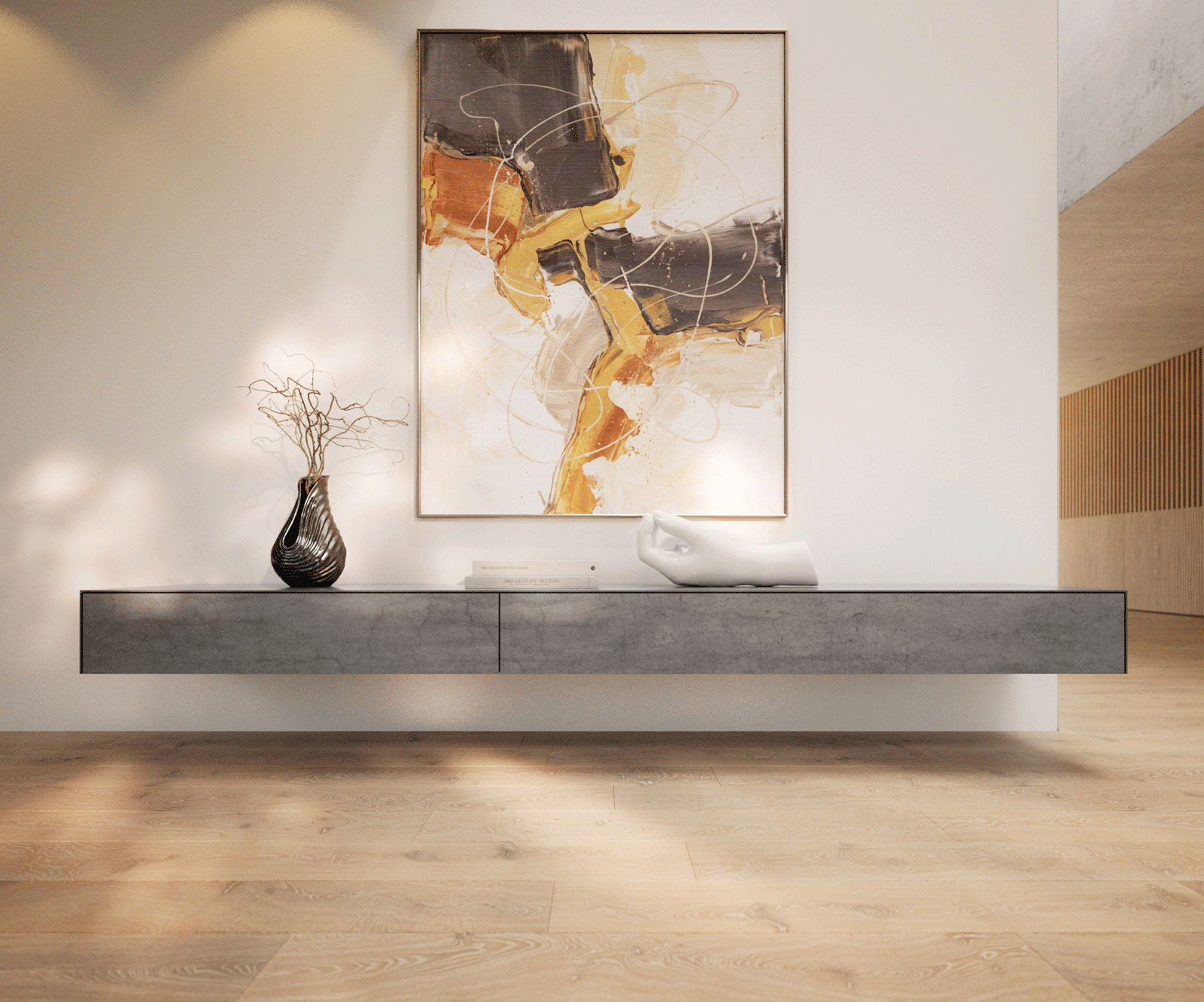 Meuble-TV Cuor 250 cm Céramique Béton gris 1 Clapet 1 Tiroir Flottant 2