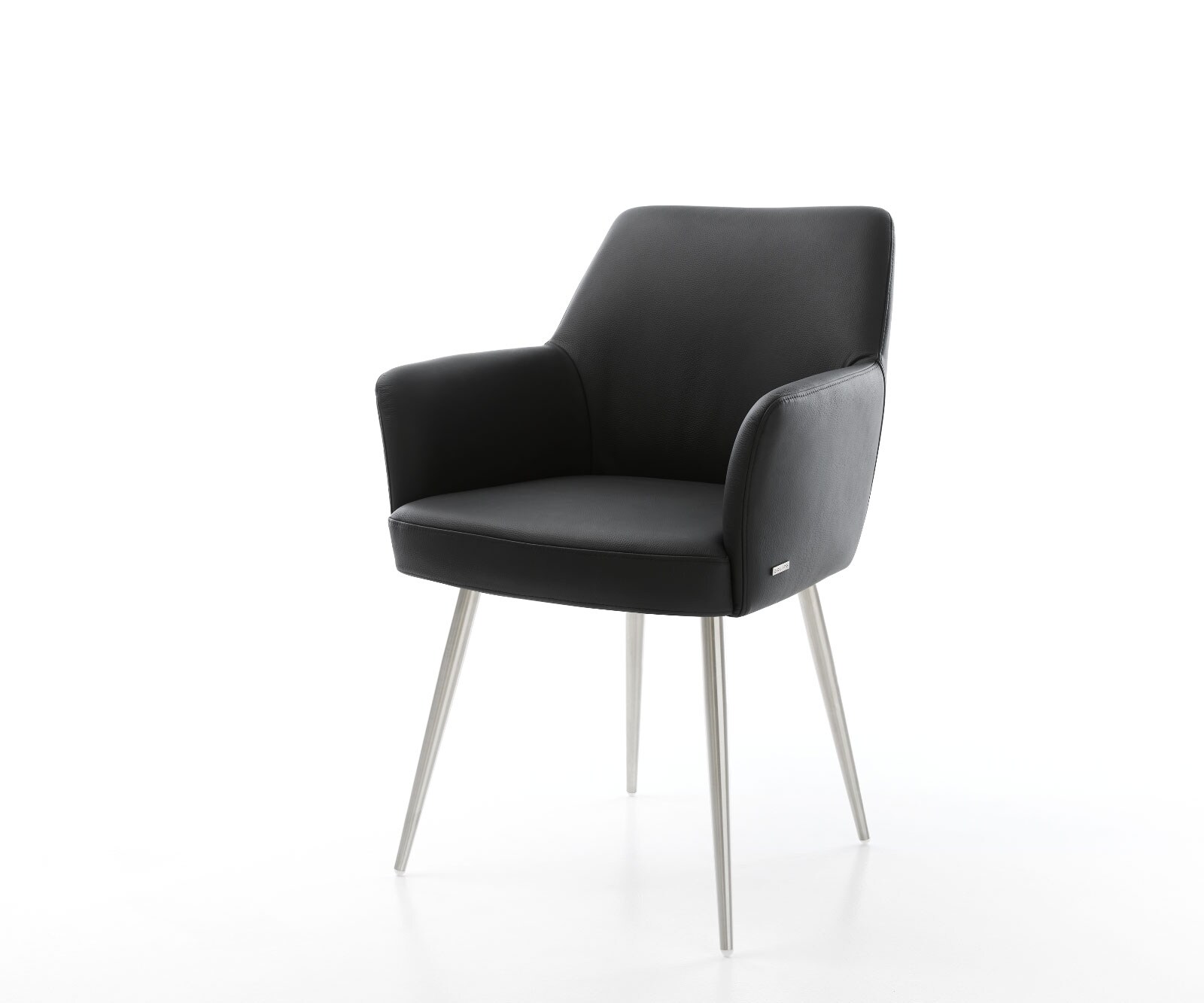 Chaise-de-salle-à-manger Xana-Flex avec accoudoirs cuir de vache noir 4 pieds coniques acier inoxydable brossé ressorts ensachés
