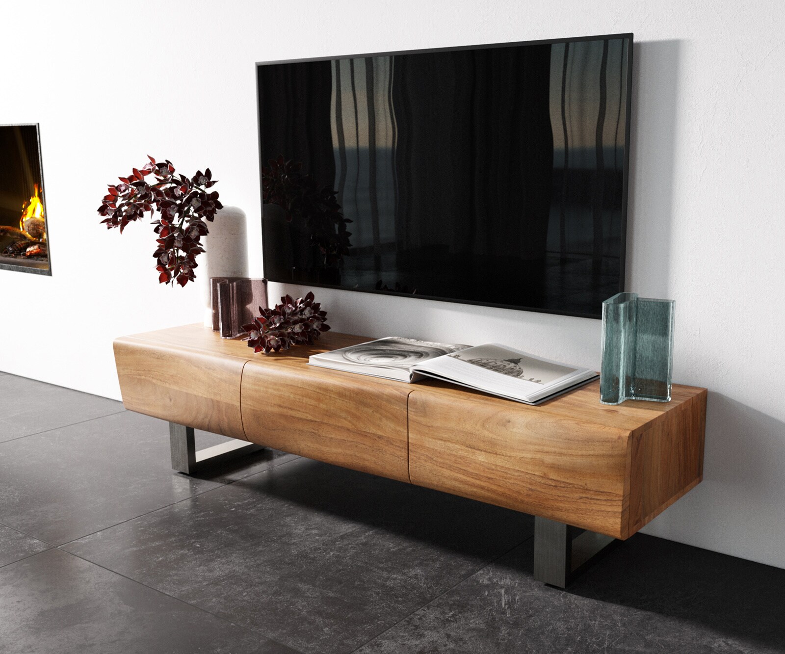 Meuble - TV New Live-Edge 145 cm acacia naturel 3 portes patin inox brossé
