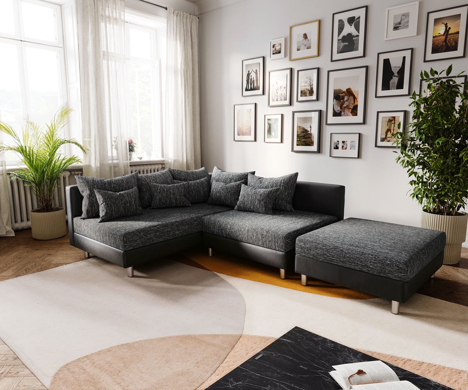 Canapé d'angle Clovis noir canapé module tabouret ottoman gauche Canapé d'angle Clovis noir canapé module tabouret ottoman gauche