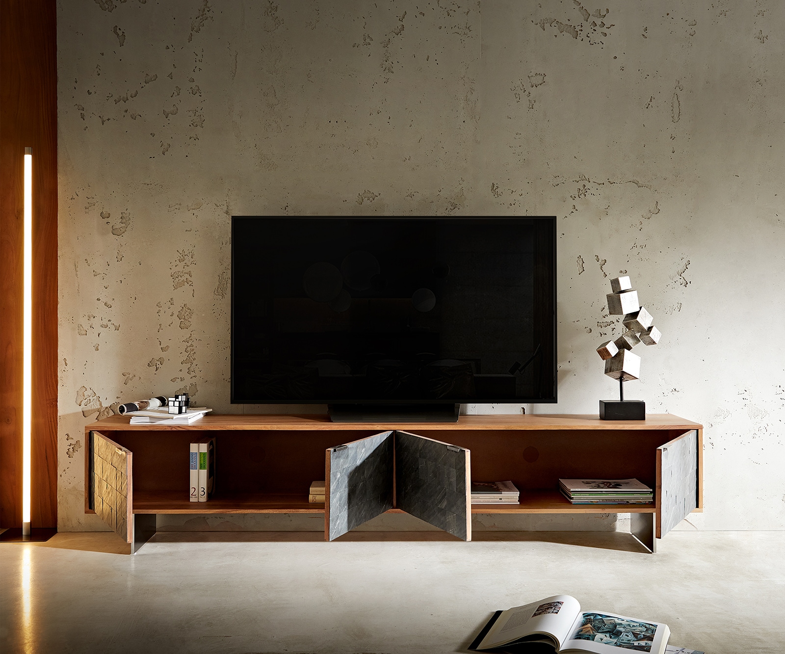 Meuble-TV Teele 220 cm acacia naturel ardoise 4 portes pied flottant inoxydable 5 Meuble-TV Teele 220 cm acacia naturel ardoise 4 portes pied flottant inoxydable 5