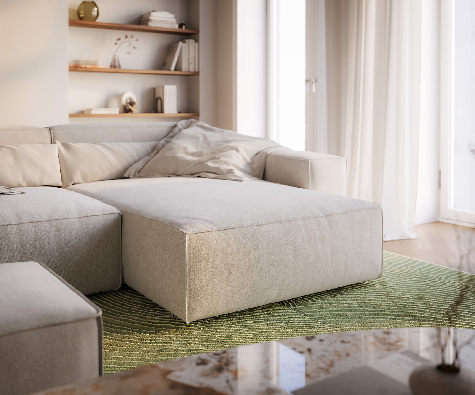 Canapé d'angle Sirpio XL 270x170 cm Tissu texturé doux Beige Méridienne modulable avec pouf 5