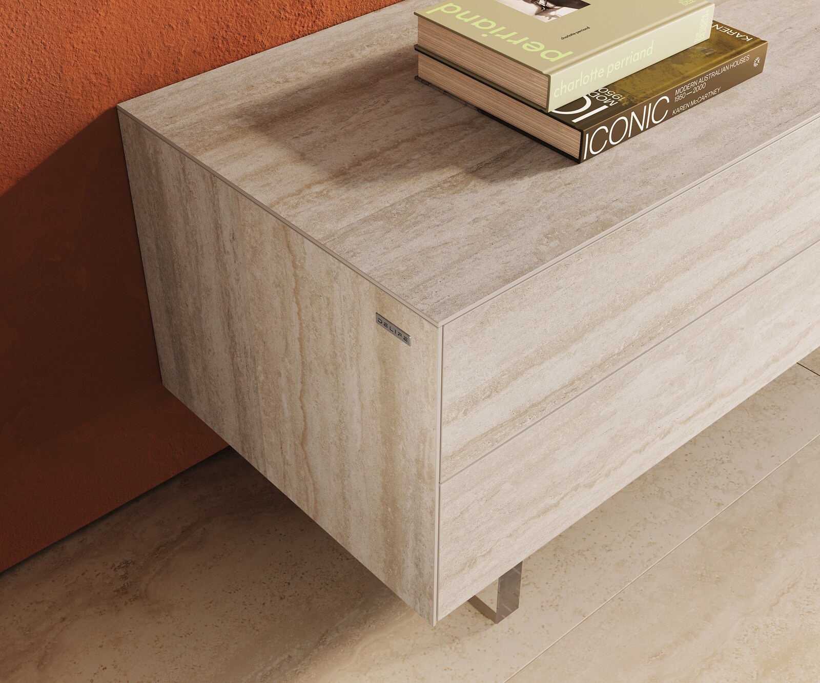Meuble-TV Cuor 220 cm Céramique Laminam® Travertino Bianco Crème-blanc 1 Clapet 2 Tiroirs Pied optique flottant Verre acrylique 6