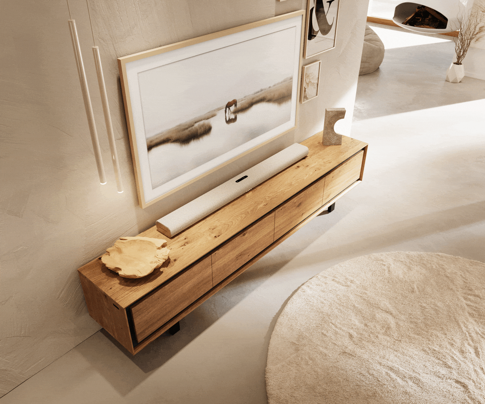 Meuble-TV  Stonegrace 200 cm chêne naturel 4 portes pied carré métal noir 4