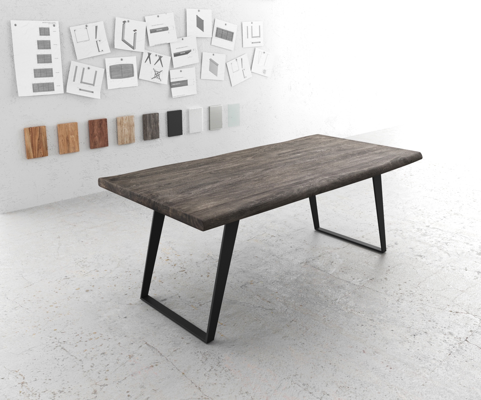 Table-à-manger Edge 200x100 XL acacia platine métal incliné Live-Edge Table-à-manger Edge 200x100 XL acacia platine métal incliné Live-Edge