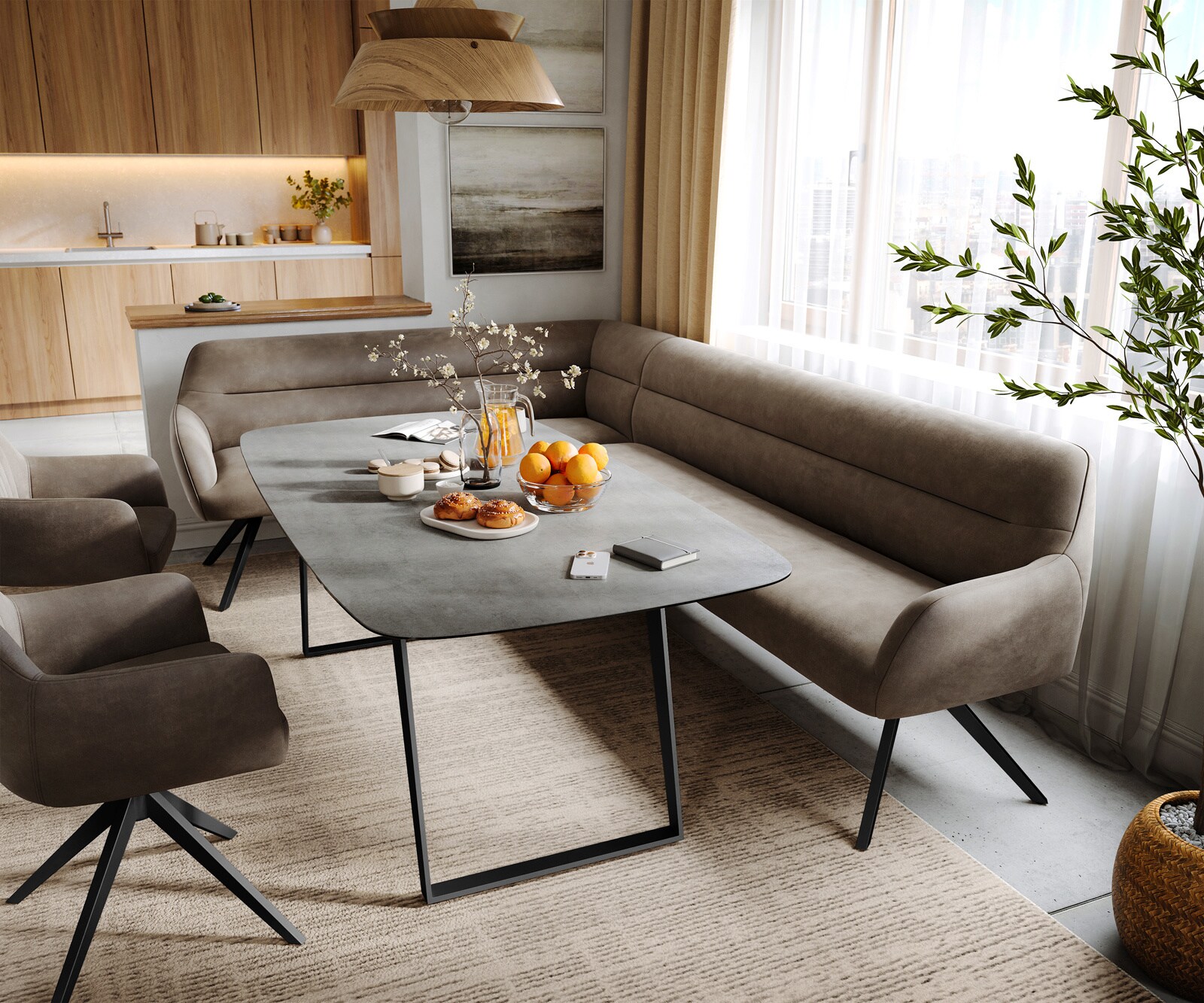 Banc-de-salle-à-manger Taya-Flex 285x190 cm microfibre taupe vintage pied croisé angulaire noir ressort ensaché à droite 1