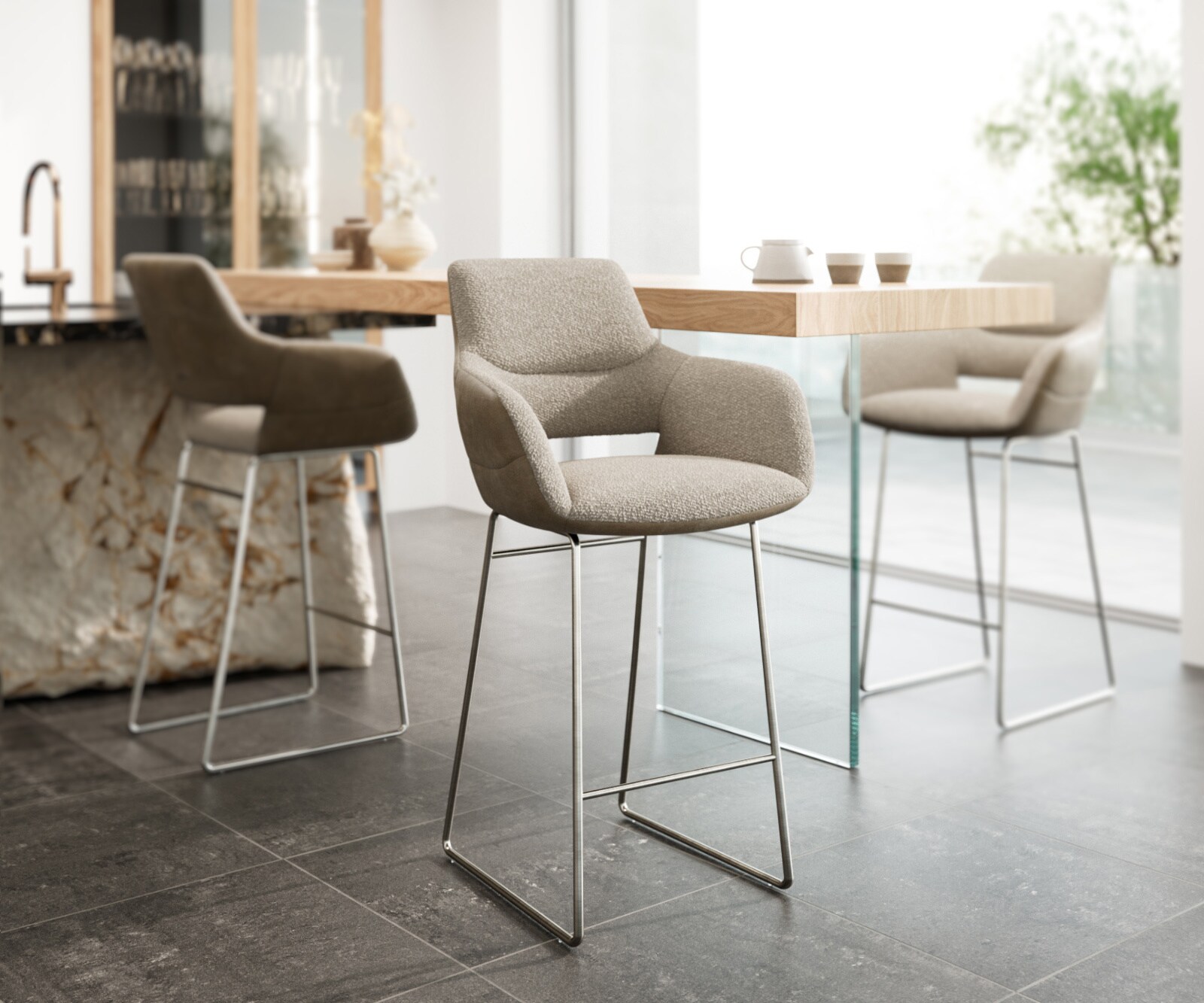Chaise-de-bar Yago-Flex mélange de matériaux microfibre boue / bouclé boue cadre à patins acier inoxydable ressorts ensachés