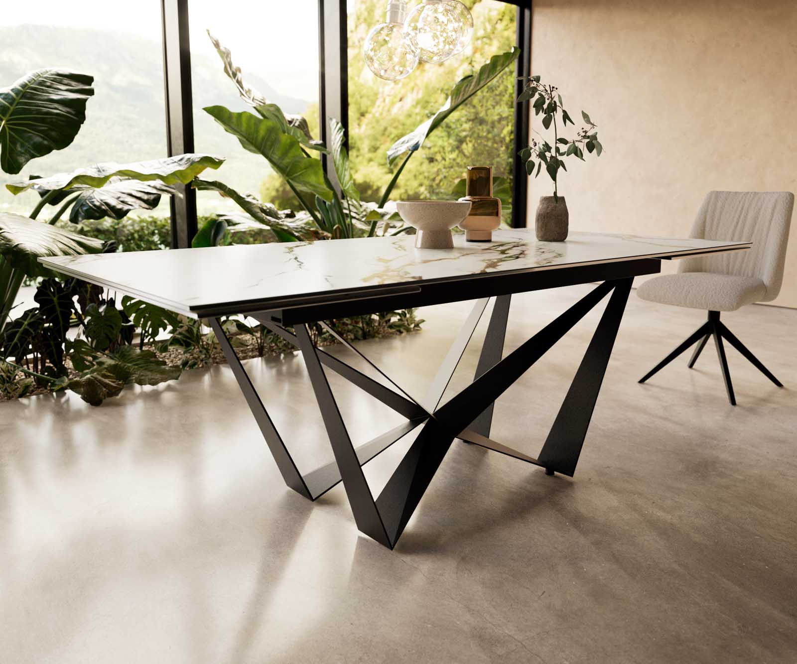 Table à manger Edge 200-300x100 céramique Calacatta Luxe blanc-doré-gris Spider acier plat noir extensible 6