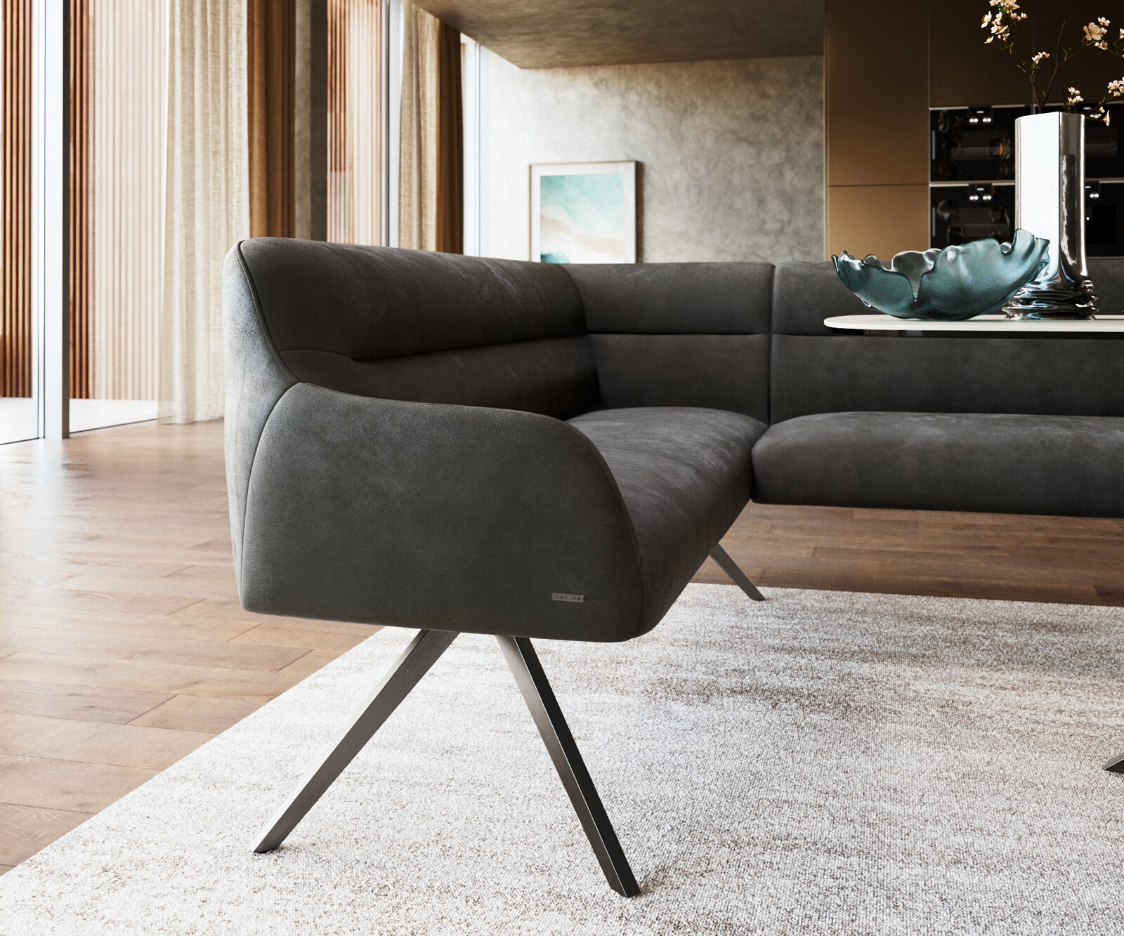 Banc-de-salle-à-manger Taya-Flex 285x190 cm microfibre antracite vintage pied croisé angulaire grafiete ressort ensaché à droite 5