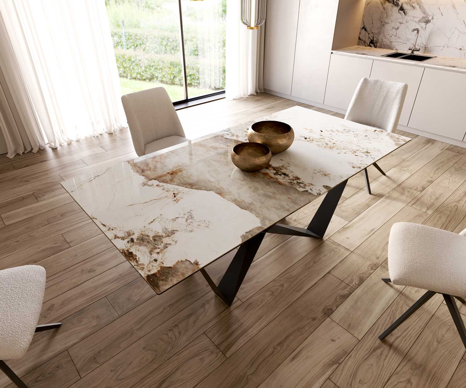 Table à manger Edge 200x100 céramique Minas mélange blanc-beige Spider acier plat noir 6