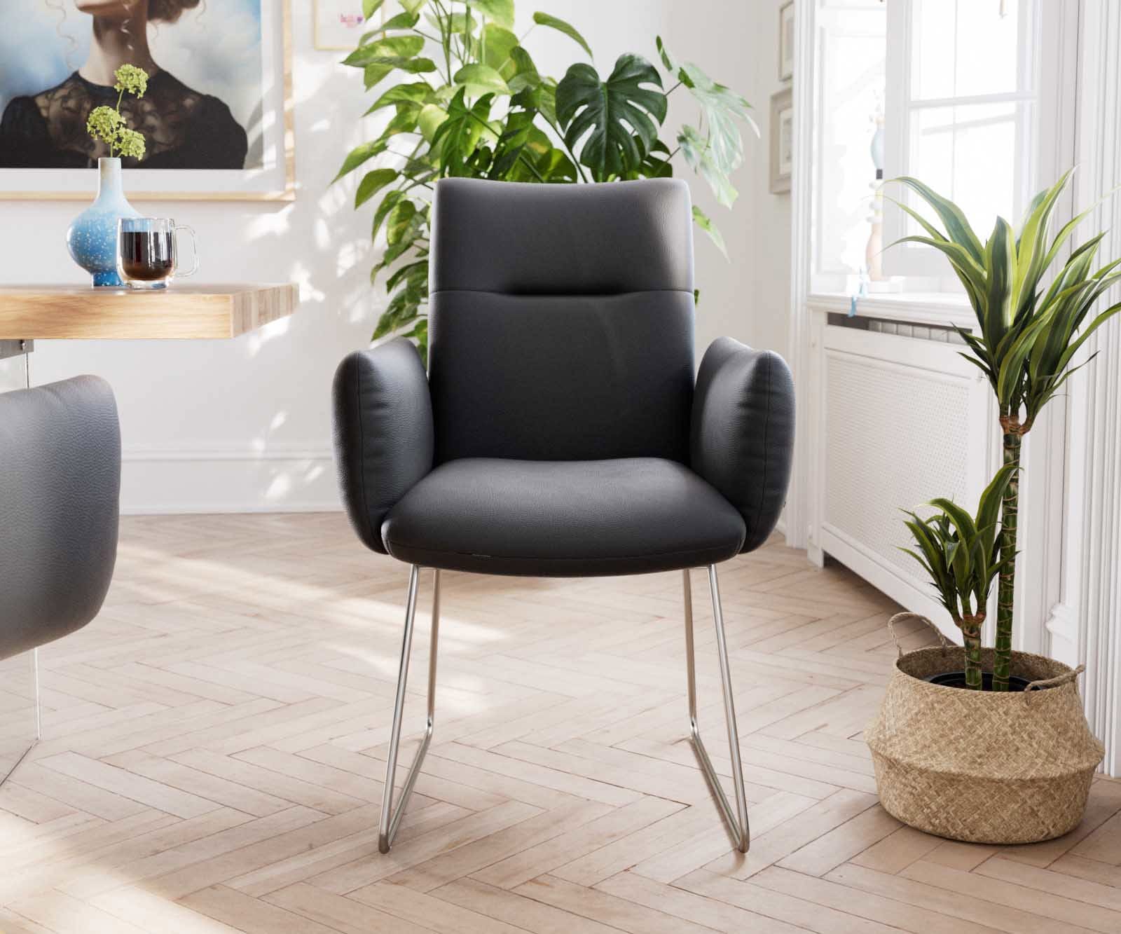Chaise-de-salle-à-manger Jova-Flex avec accoudoirs cuir de vache noir pied trapèze acier inoxydable brossé ressorts ensachés 1 Chaise-de-salle-à-manger Jova-Flex avec accoudoirs cuir de vache noir pied trapèze acier inoxydable brossé ressorts ensachés 1