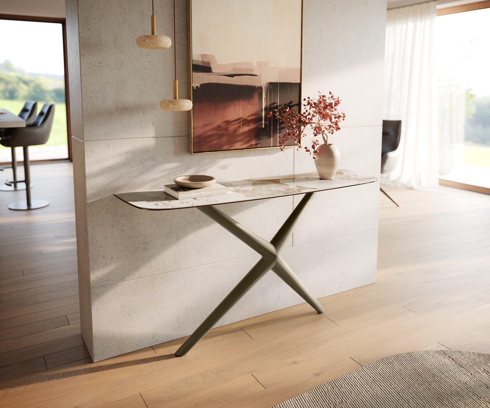 Console Edge forme bateau 140x40 cm Céramique Minas Melange Weiß-Beige Estelo Métal Effektfinish Titan 3
