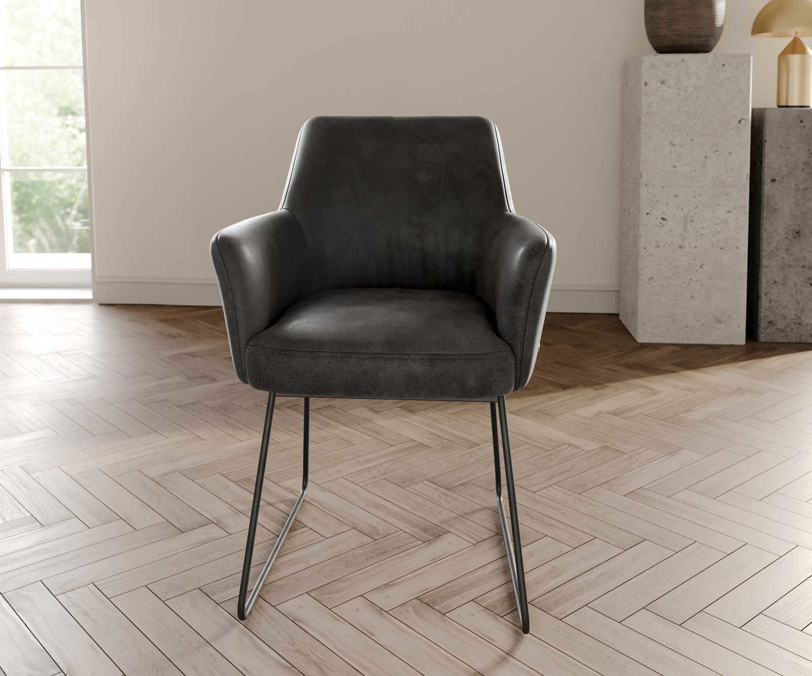 Chaise-de-salle-à-manger Xana-Flex avec accoudoirs microvelours anthracite vintage pied trapèze noir ressorts ensachés 1 Chaise-de-salle-à-manger Xana-Flex avec accoudoirs microvelours anthracite vintage pied trapèze noir ressorts ensachés 1