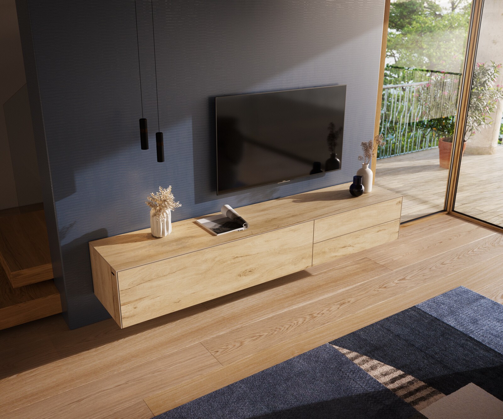 Meuble-TV Cuor 220 cm Céramique Laminam® Sabbia Teinte chêne 1 Clapet 2 Tiroirs Flottant 3