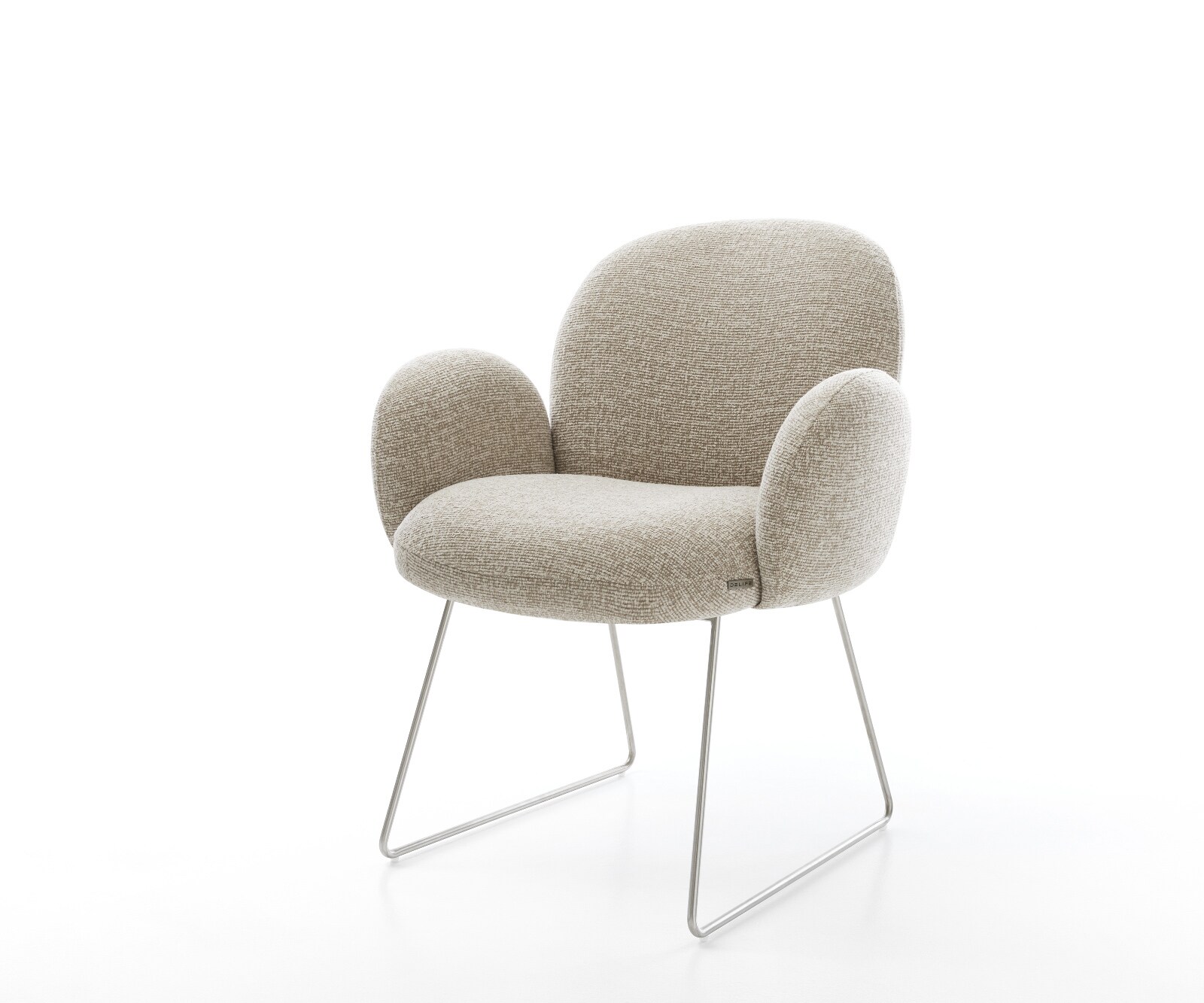 Chaise-de-salle-à-manger Nube-Flex avec accoudoirs tissu tissé doux beige pied trapèze acier inoxydable resorts ensachés 1