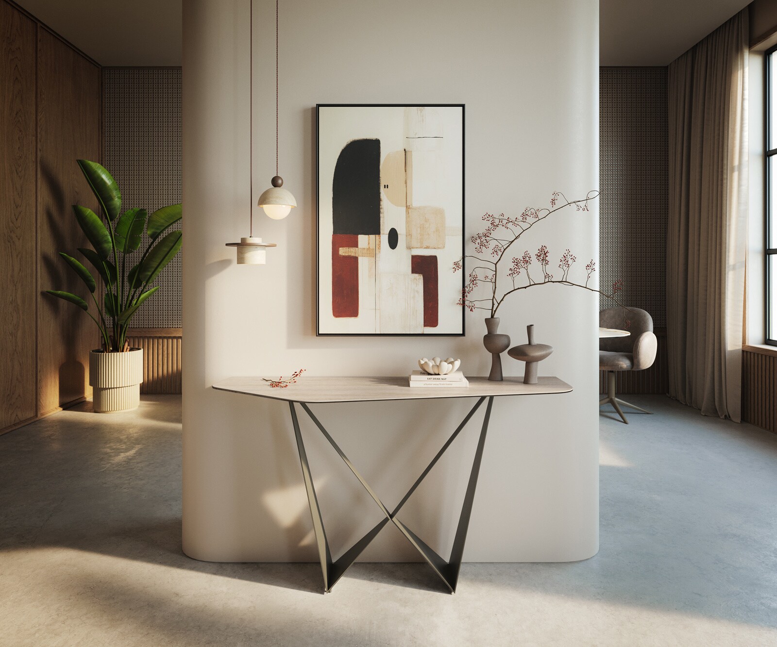 Console Edge Polygonal 140x50 cm Céramique Laminam® Travertino Bianco Creme-Weiß Spios Métal Effektfinish Titan 4