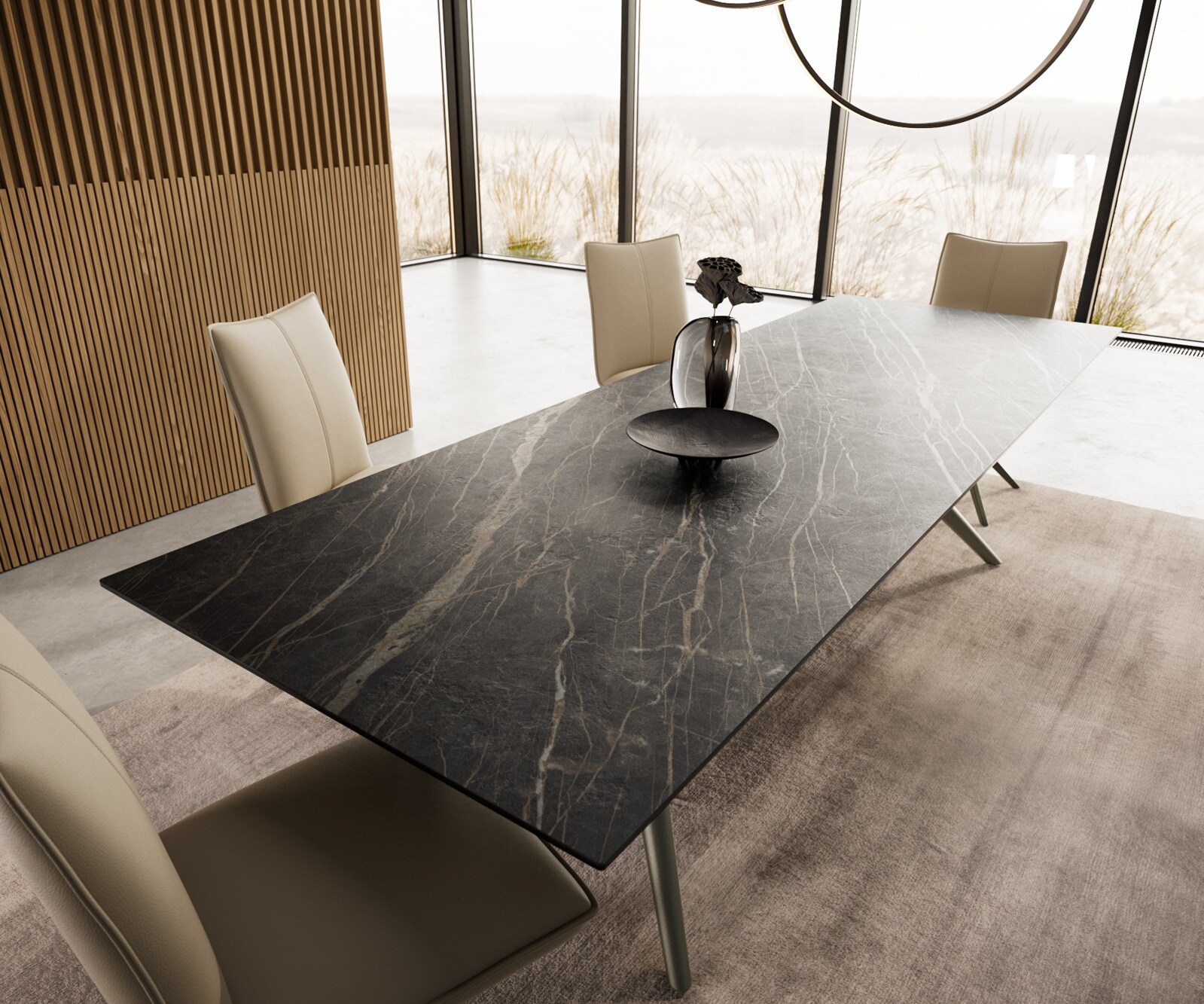 Table à manger Edge 300x100 Céramique Laminam®Noir Desir Marron Estelar rond Métal finition à effet Titane 3