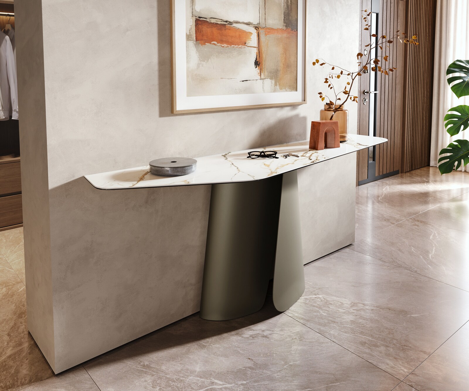 Console Edge Polygonal 180x50 cm Céramique Calacatta Luxe Weiß-Gold-Gris Livos Métal Effektfinish Titan