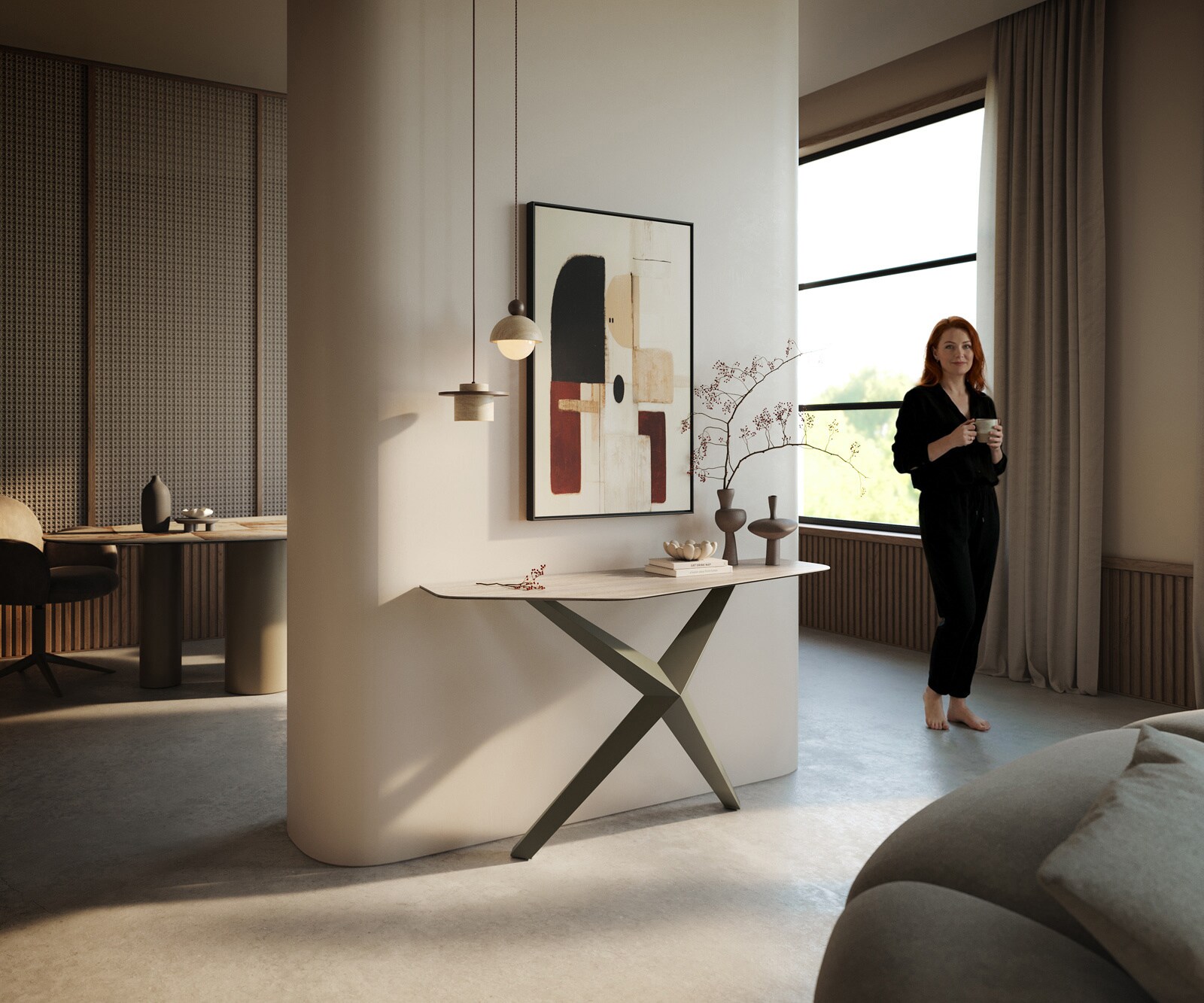 Console Edge Polygonal 140x50 cm Céramique Laminam® Travertino Bianco Creme-Weiß Zentharo Métal Effektfinish Titan 7