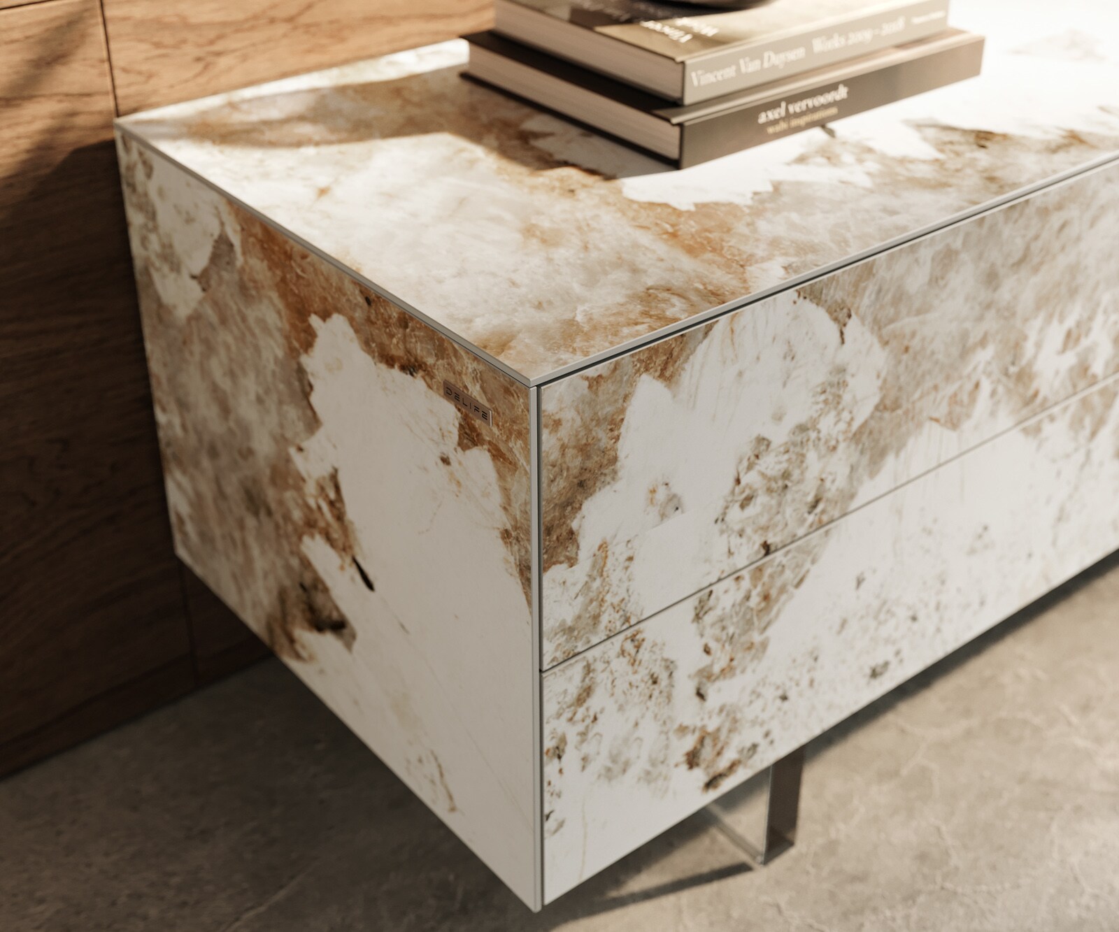 Meuble-TV Cuor 180 cm Céramique Minas Melange Blanc-beige 1 Clapet 2 Tiroirs Pied optique flottant Verre acrylique 5