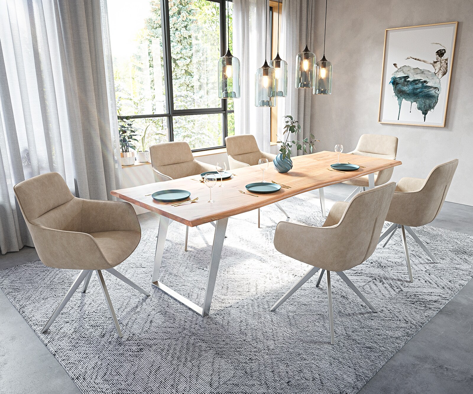 Table-à-manger Edge 260x100cm acacia nature acier inoxydable argent incliné Live-Edge 1