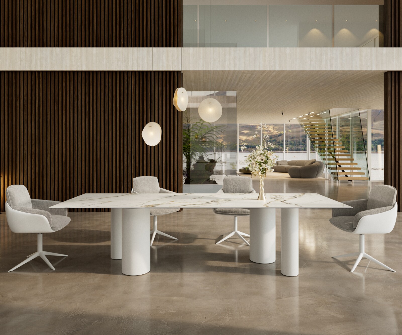Table à manger Edge 300x100 Céramique Calacatta Luxe Blanc-Doré-Gris Pilier Métal Blanc
