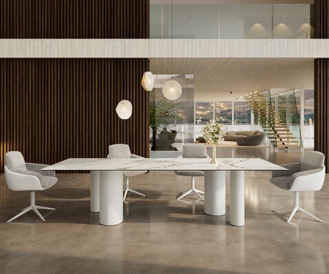 Table à manger Edge 300x100 Céramique Calacatta Luxe Blanc-Doré-Gris Pilier Métal Blanc