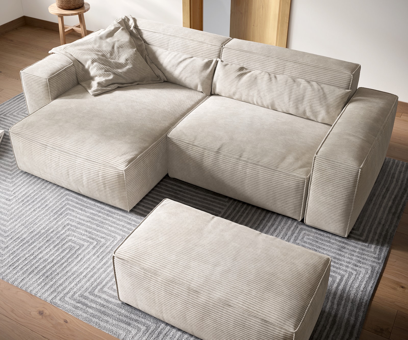 Canapé d'angle Sirpio XL 270x170 cm Velours côtelé Beige Recamiere variable avec Tabouret 3 Canapé d'angle Sirpio XL 270x170 cm Velours côtelé Beige Recamiere variable avec Tabouret 3