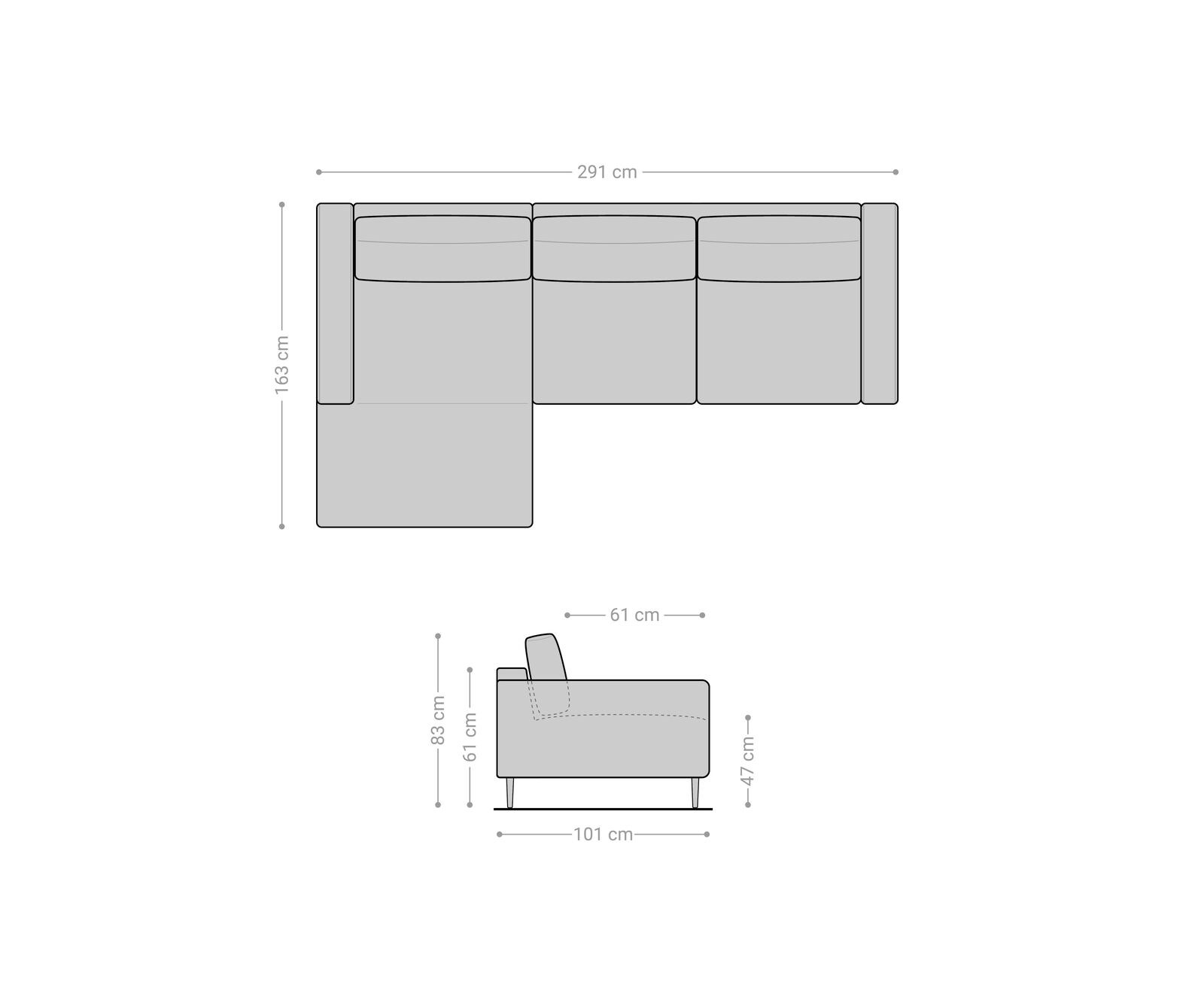 Canapé-d'angle Sottil 290 x 165cm chenille anthracite Recamière gauche 5