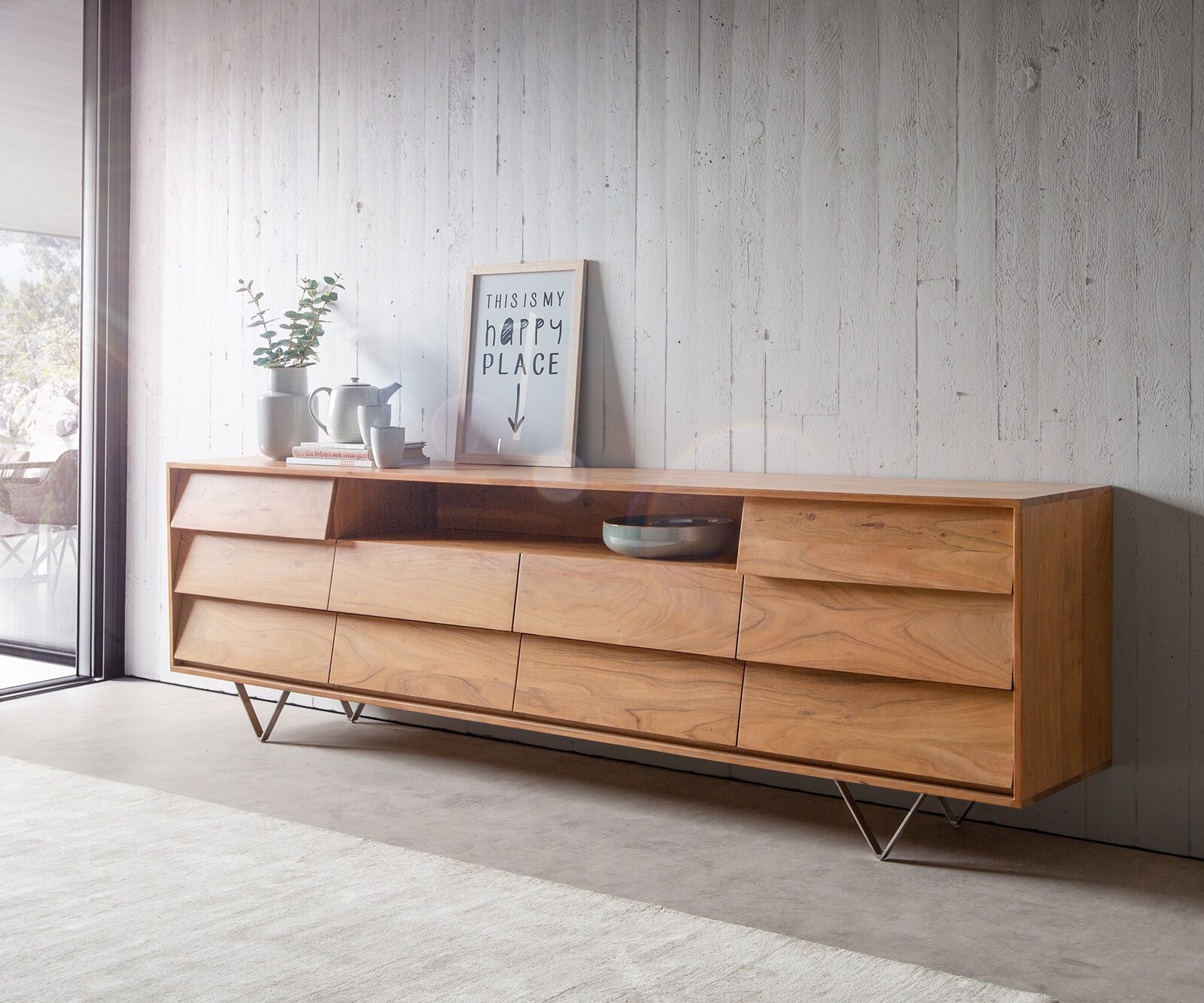 Buffet Eloi 240x40 cm acacia naturel 2 portes 6 tiroirs pied en V inox 2