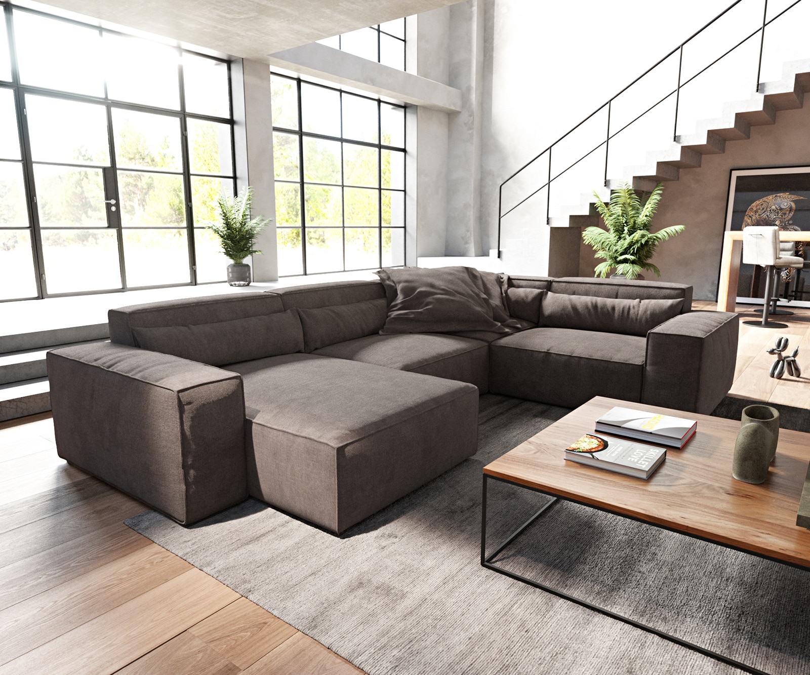 Canapé panoramique Sirpio 300x210 cm Microfibre Marron Kaki Recamiere variable 1