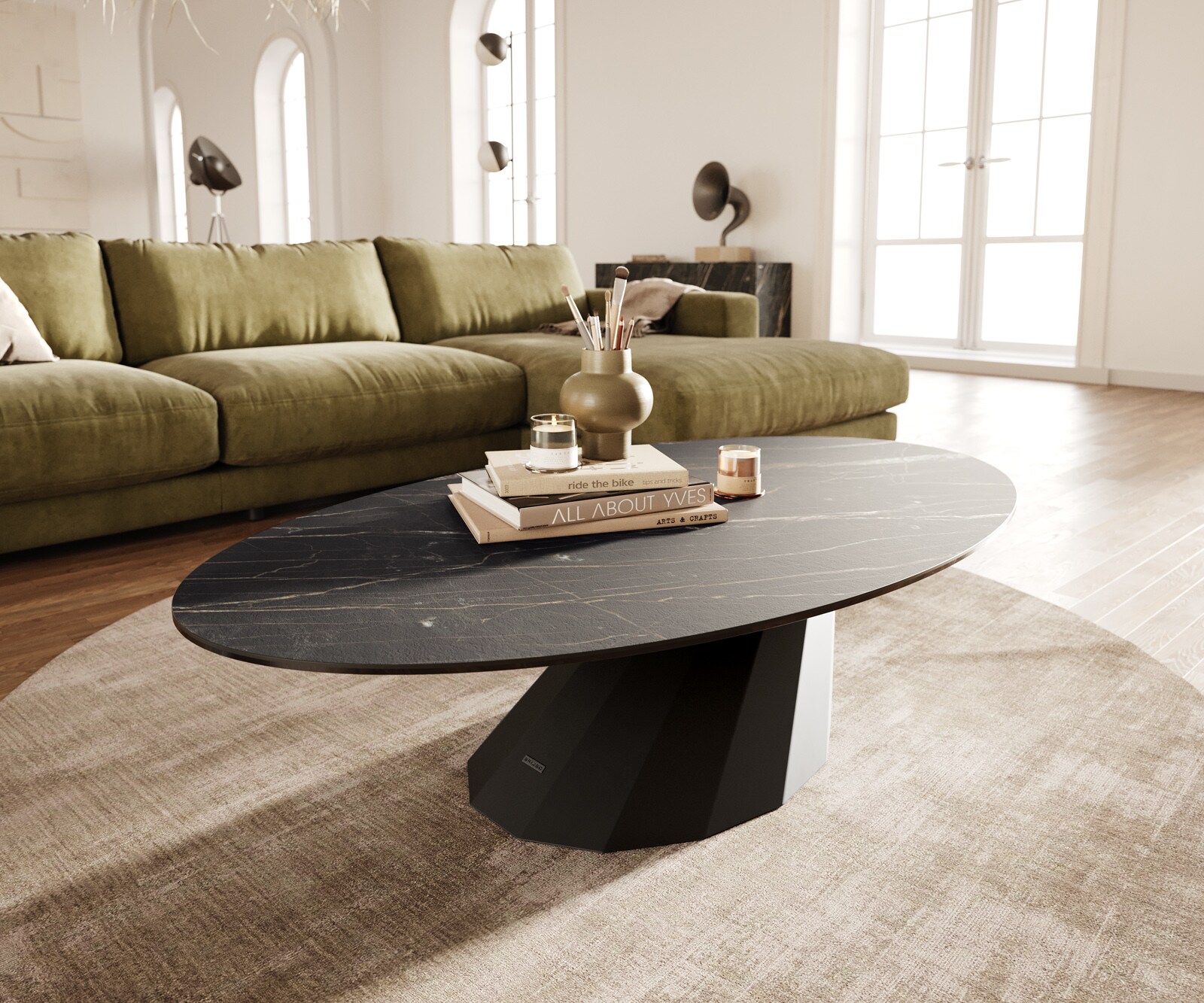 Table basse Edge Oval 140x80 cm céramique Laminam® Noir Desir brun Parabi métal noir 1