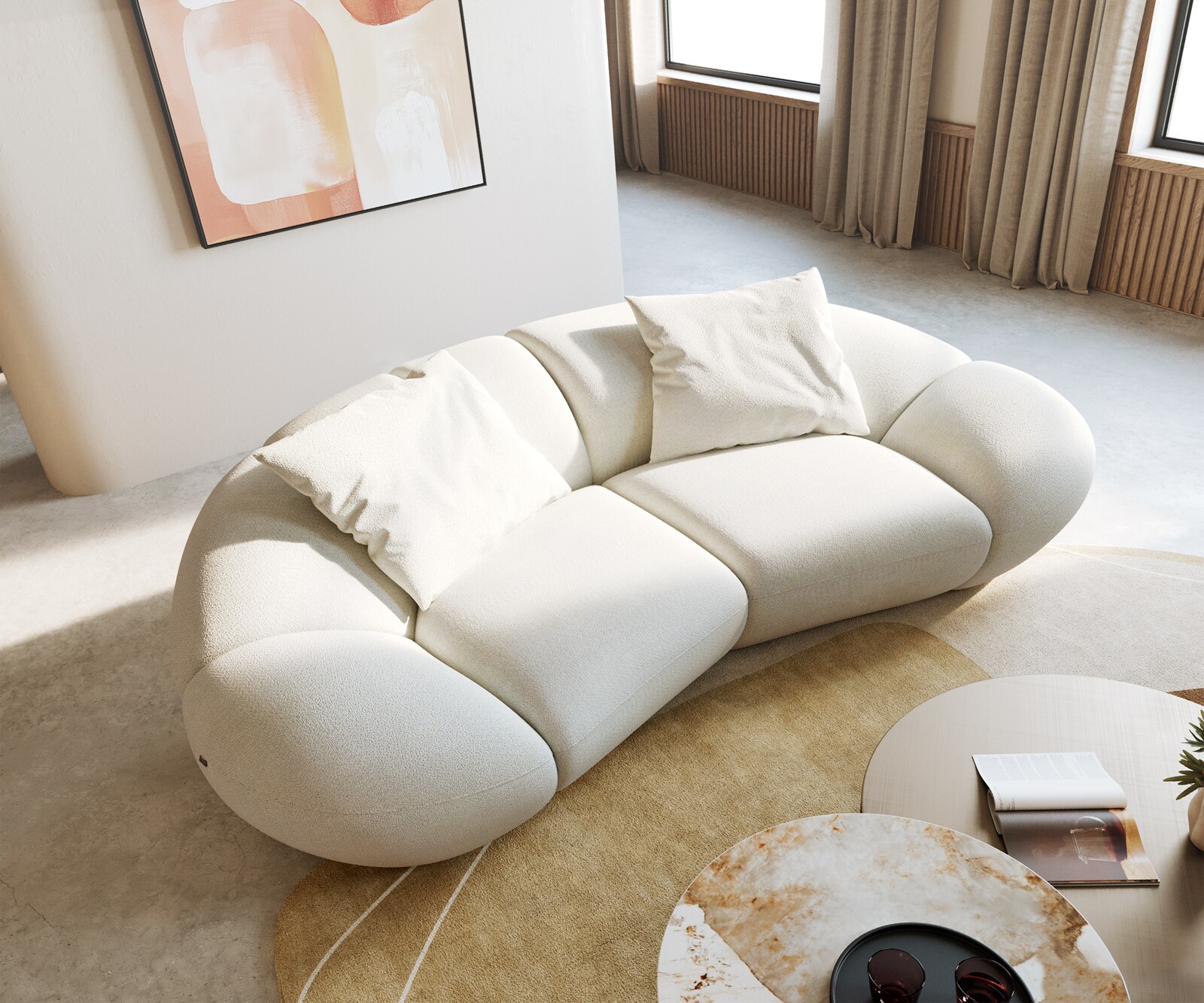 Canapé 2 places Lunna 280x170 cm bouclé soft beige 2 coussins 1
