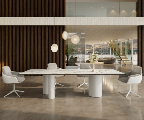Table à manger Edge 300x100 Céramique Calacatta Luxe Blanc-Doré-Gris Troa Métal Blanc