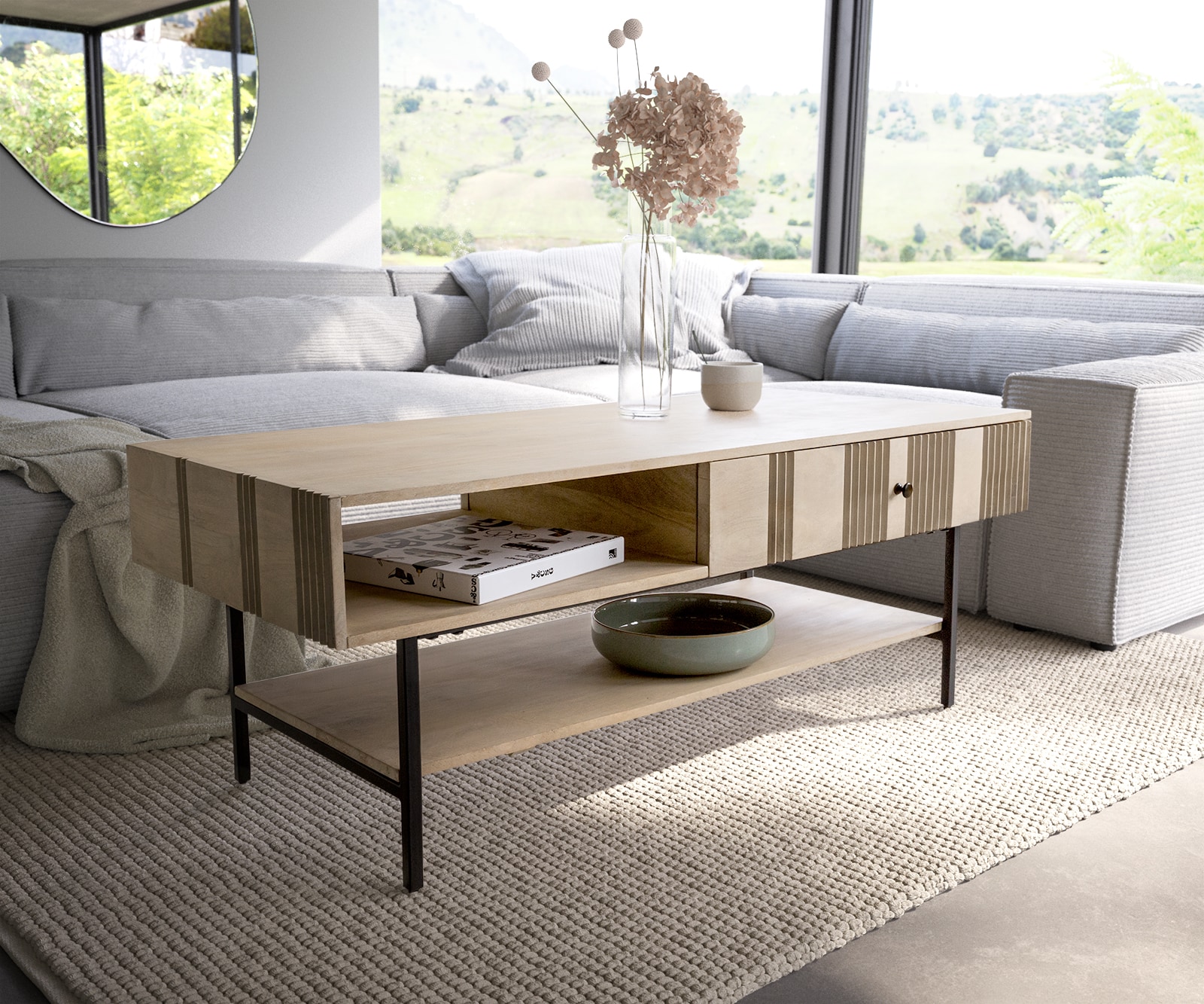 Table-basse Nereos 130x60 cm Manguier White Wash Métal noir Table-basse Nereos 130x60 cm Manguier White Wash Métal noir