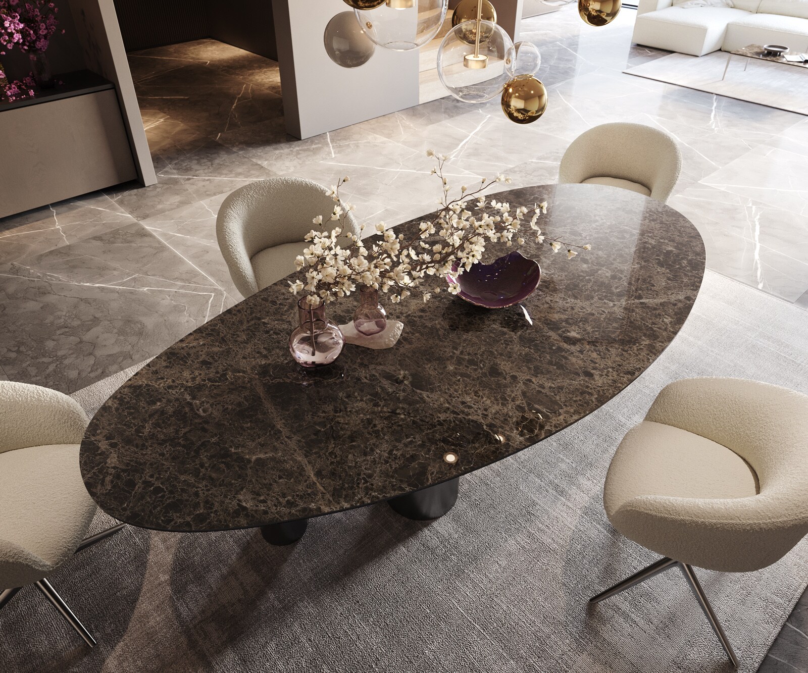 Table à manger Edge Ovale 280x130 Céramique Laminam®Emperador Extra Lucidato Marron foncé Pilier Acier inoxydable Graphite 4