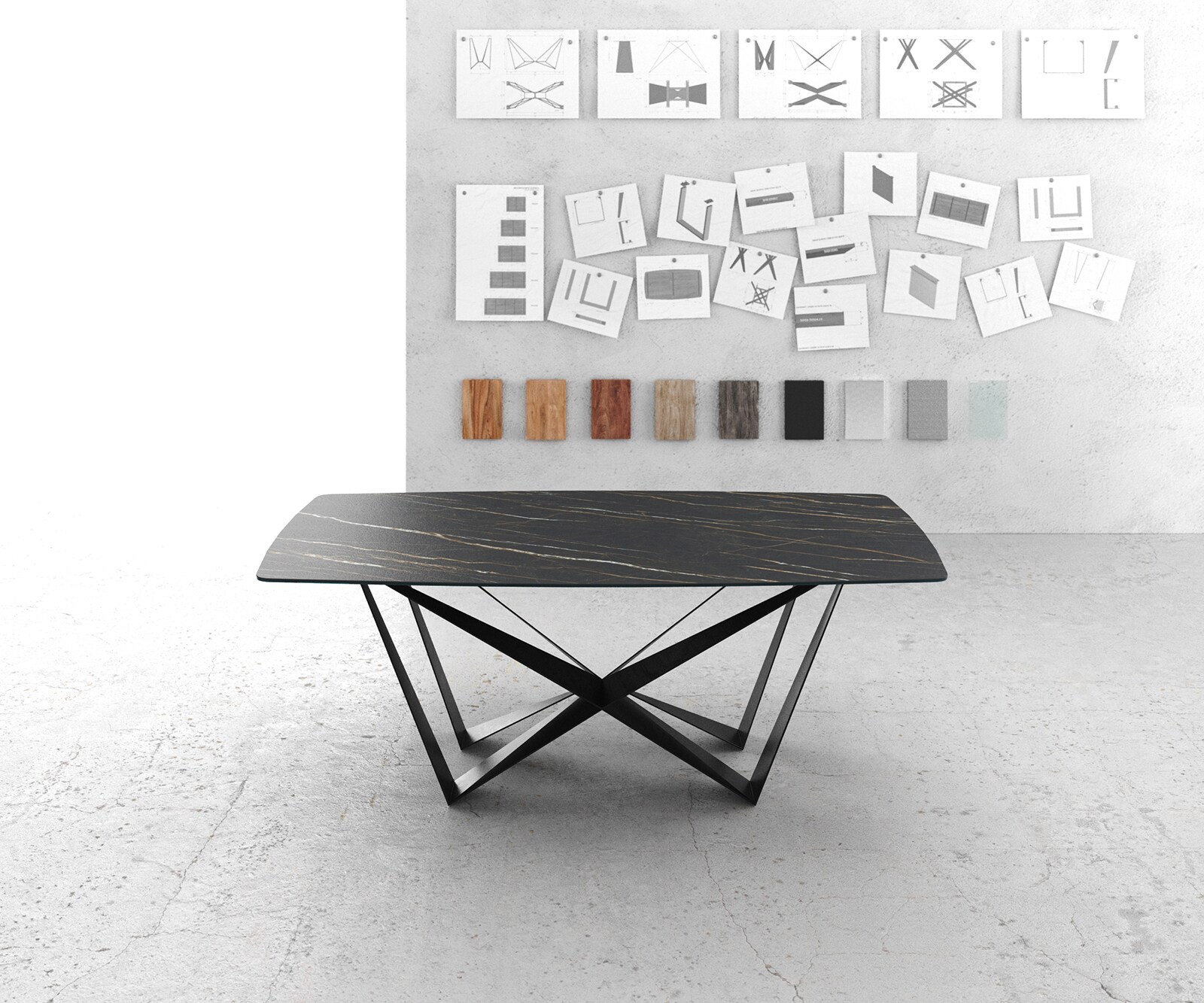 Table-à-manger Edge forme Boot 200x100cm Laminam® céramique marron pieds milieu acier plat noir 1