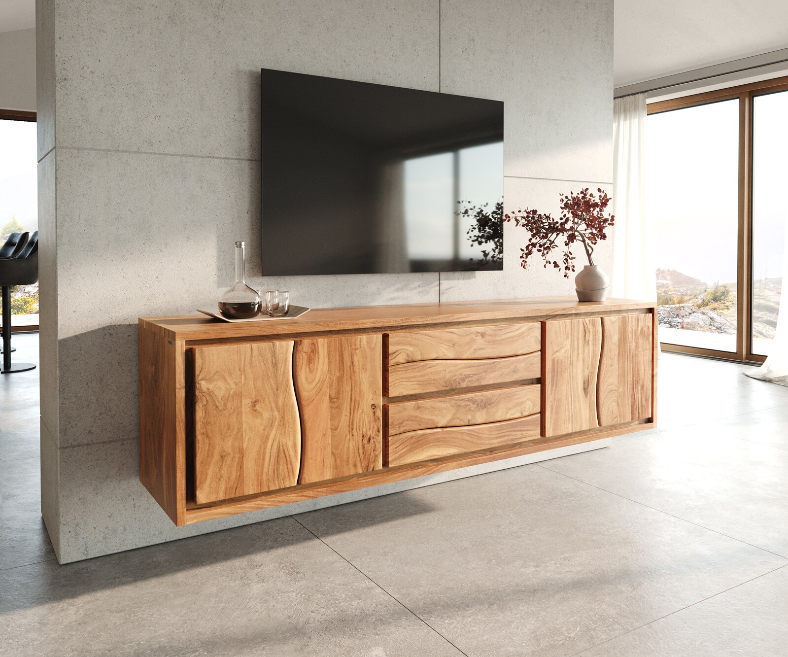 Table-TV Live-Edge Meuble-TV en acacia 4 portes en bordure d'arbre 5