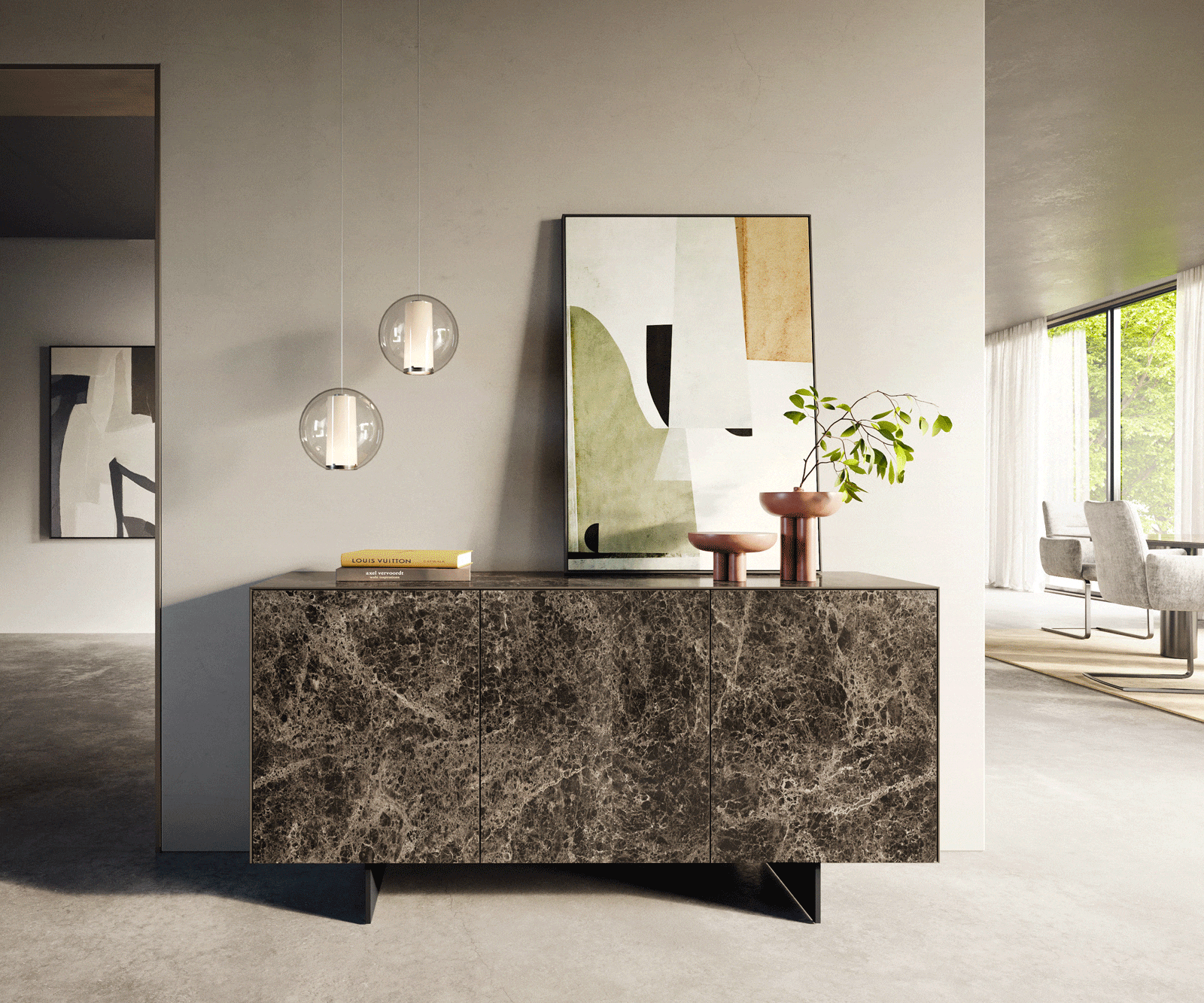 Buffet Cuor 150 cm Céramique Emperador Extra Lucidato brun foncé 3 Portes Pied optique flottant Métal Noir 2