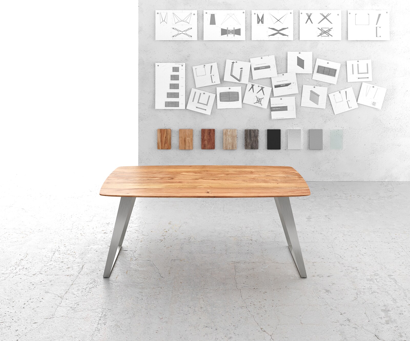 Table à manger Edge Boot 180x90 Acacia Naturel Acier inoxydable inclinéee Bord Suisse 1