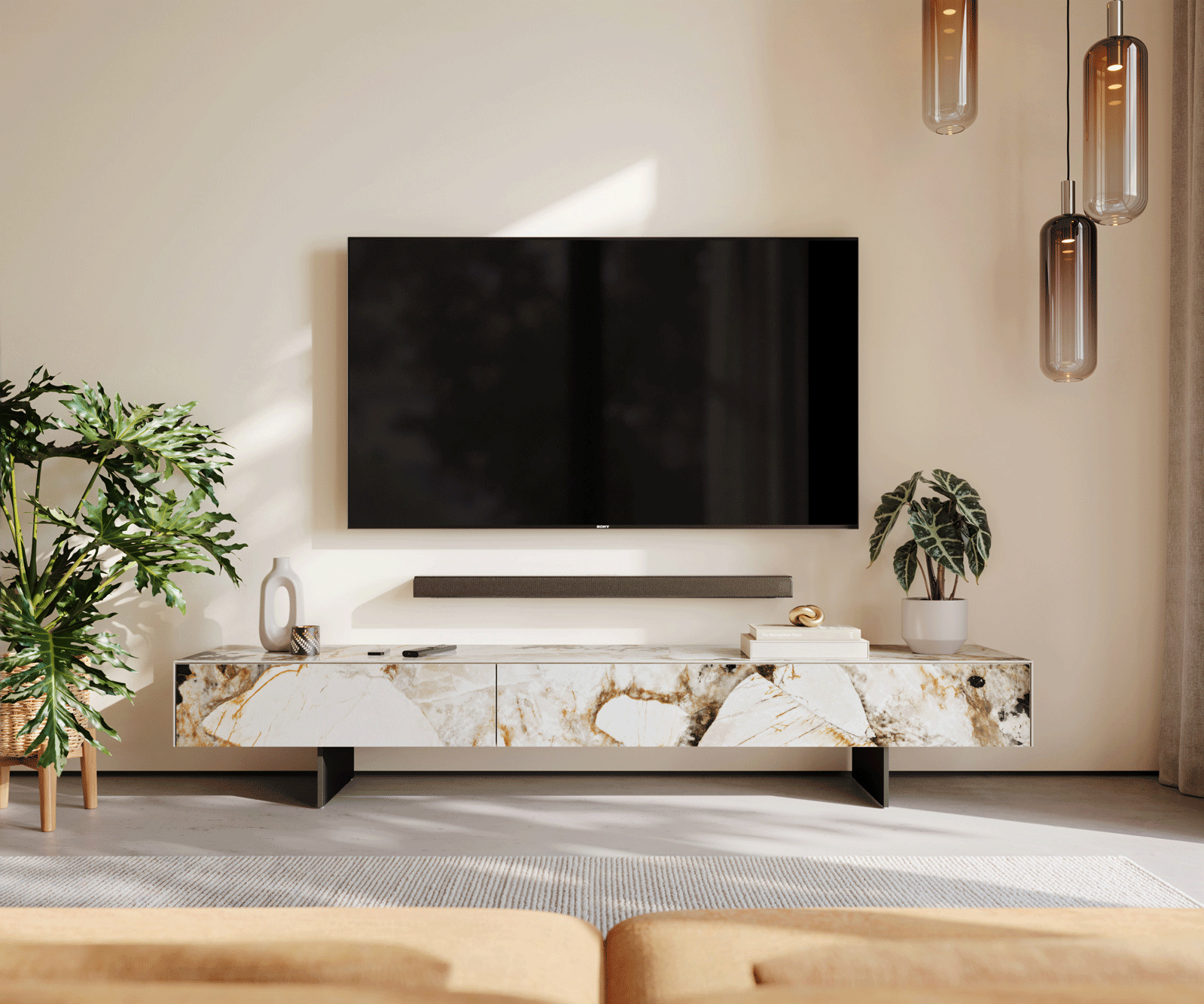 Meuble-TV Cuor 200 cm Céramique Patagonia raffinée 1 Clapet 1 Tiroir Pied optique flottant Métal Noir 2
