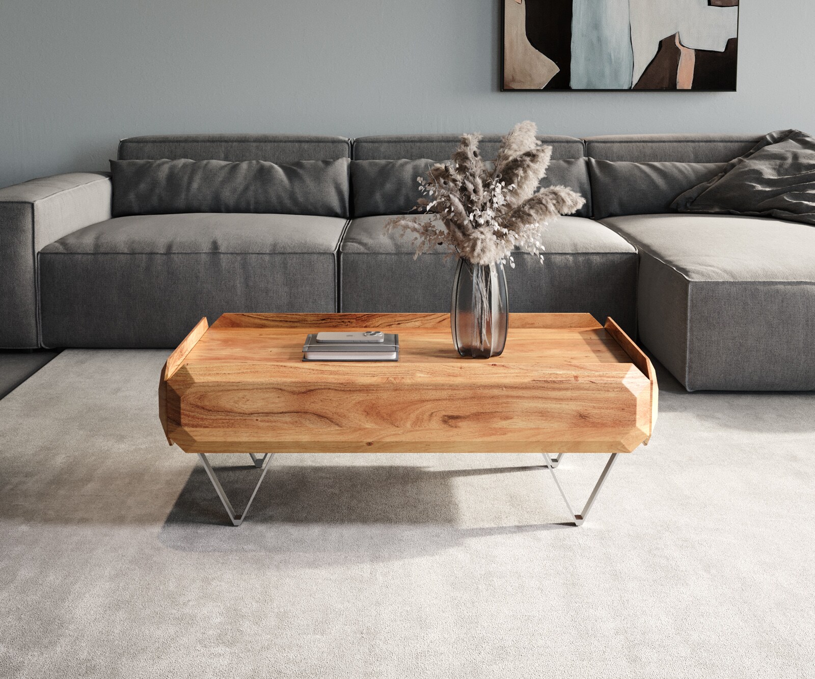 Table-basse Kiano 100x50 cm acacia naturel 2 tiroirs pied en V inoxydable 1