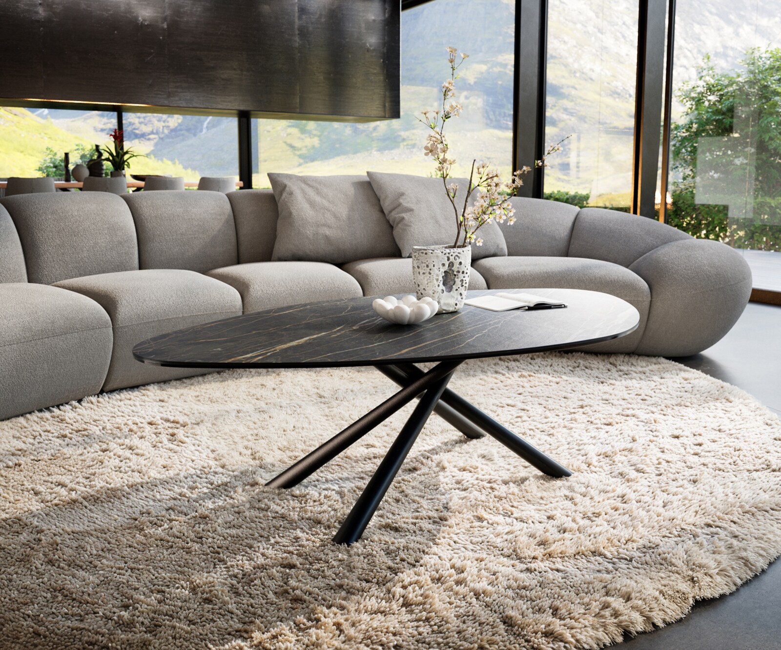 Table basse Edge Organique 140x76 cm céramique Laminam® Noir Desir brun Sarity métal noir